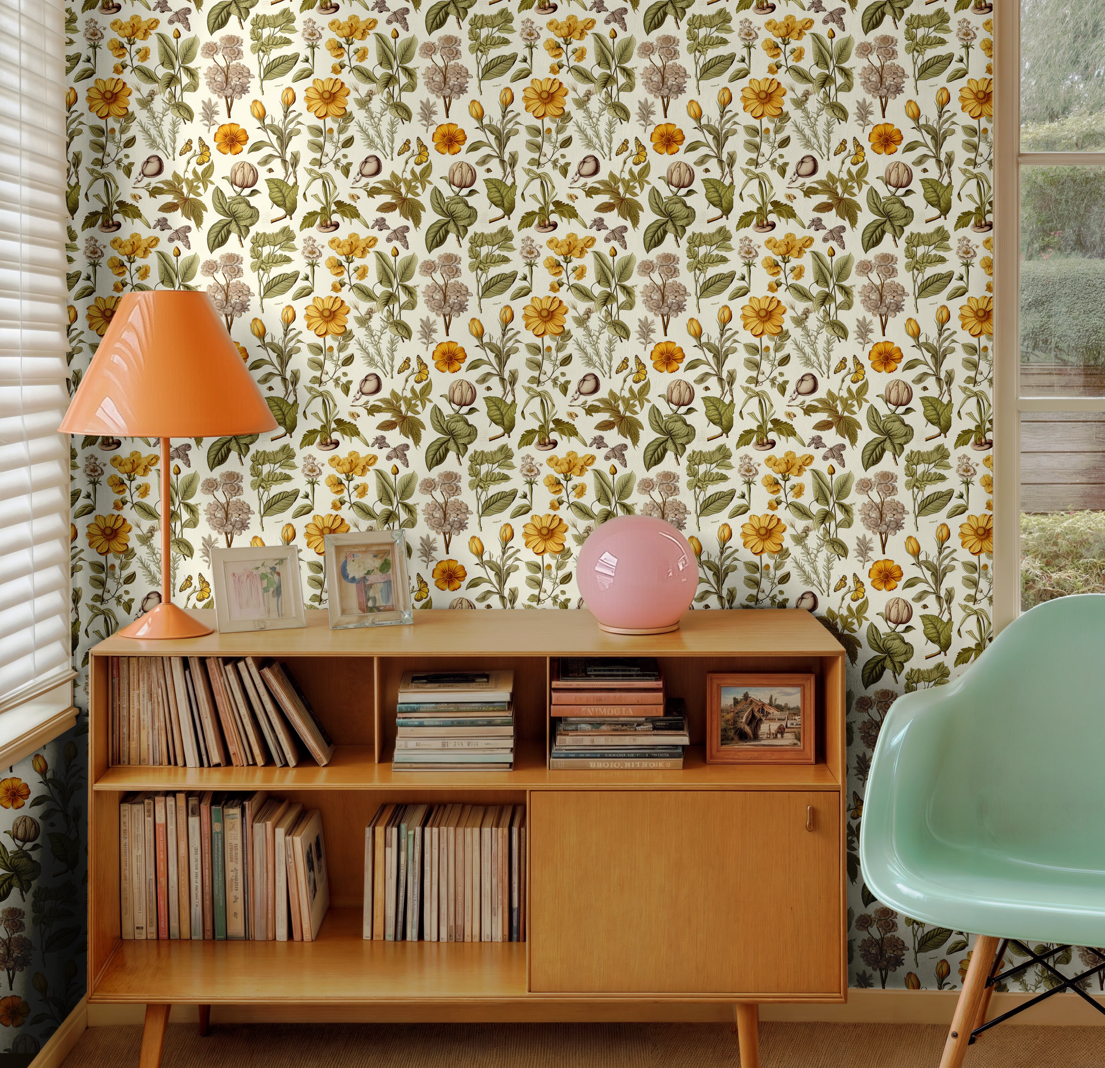 richly detailed botanical pattern featuring golden florals, leafy greens, birds, and butterflies