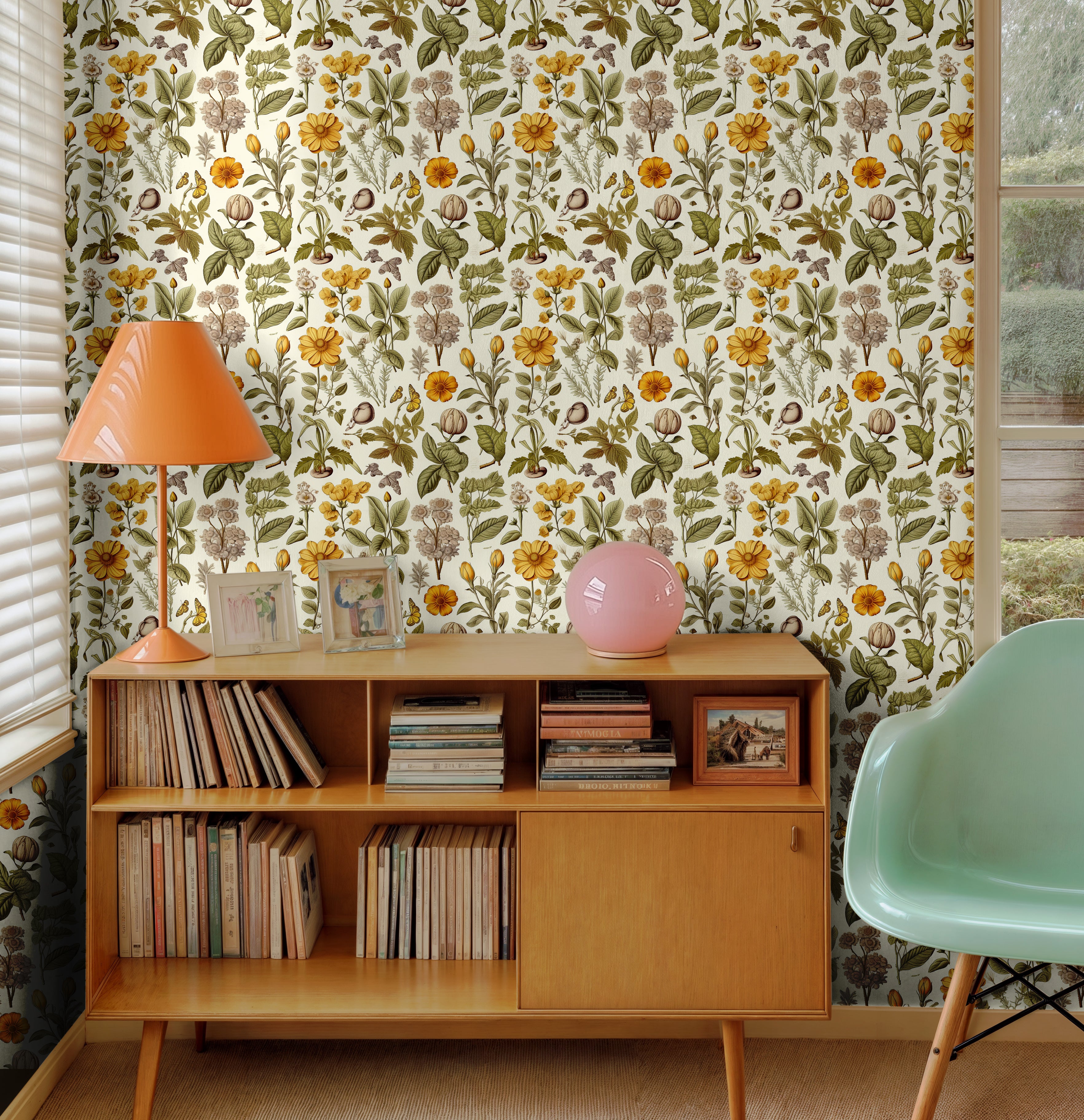 richly detailed botanical pattern featuring golden florals, leafy greens, birds, and butterflies
