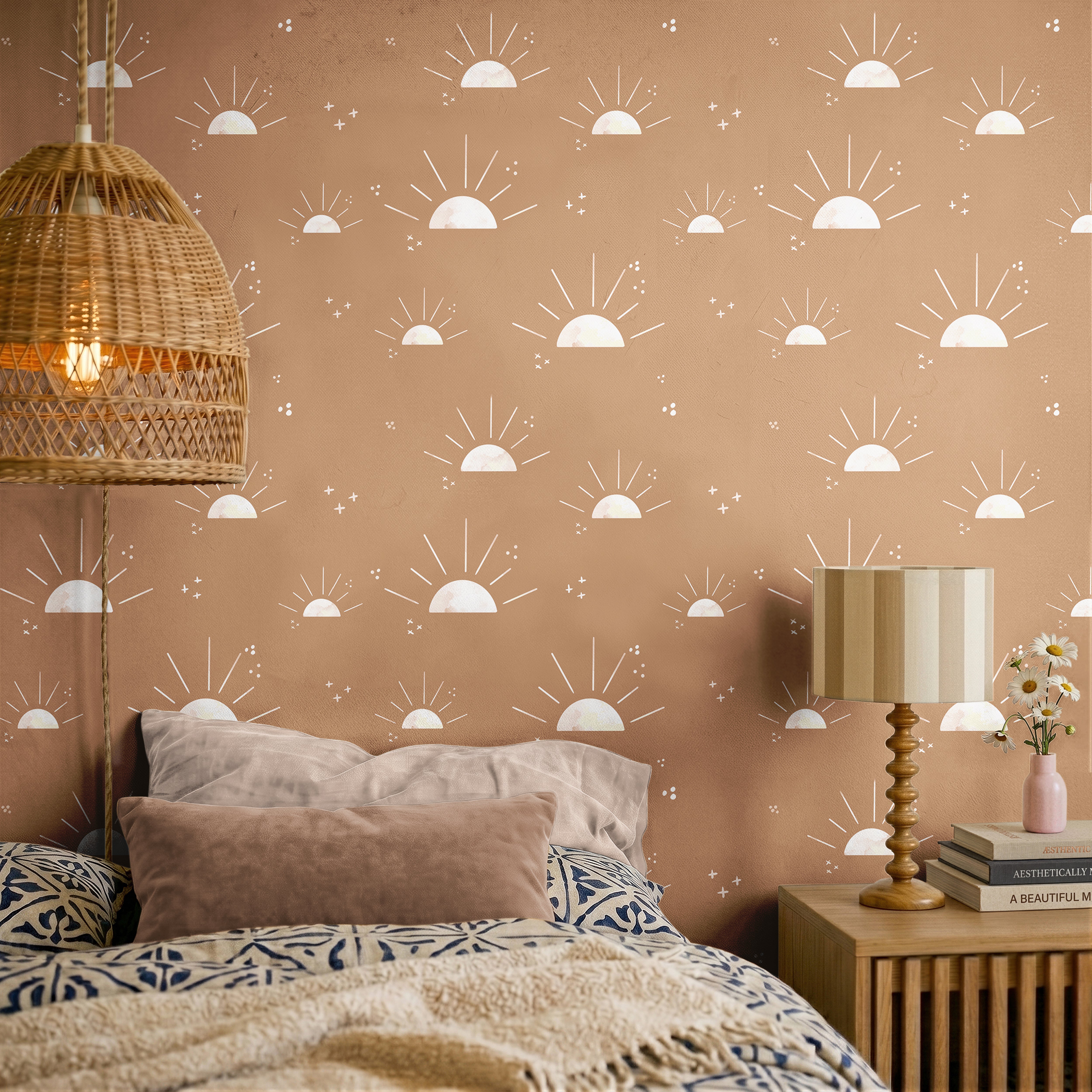 Rustic suns in boho themed bedroom