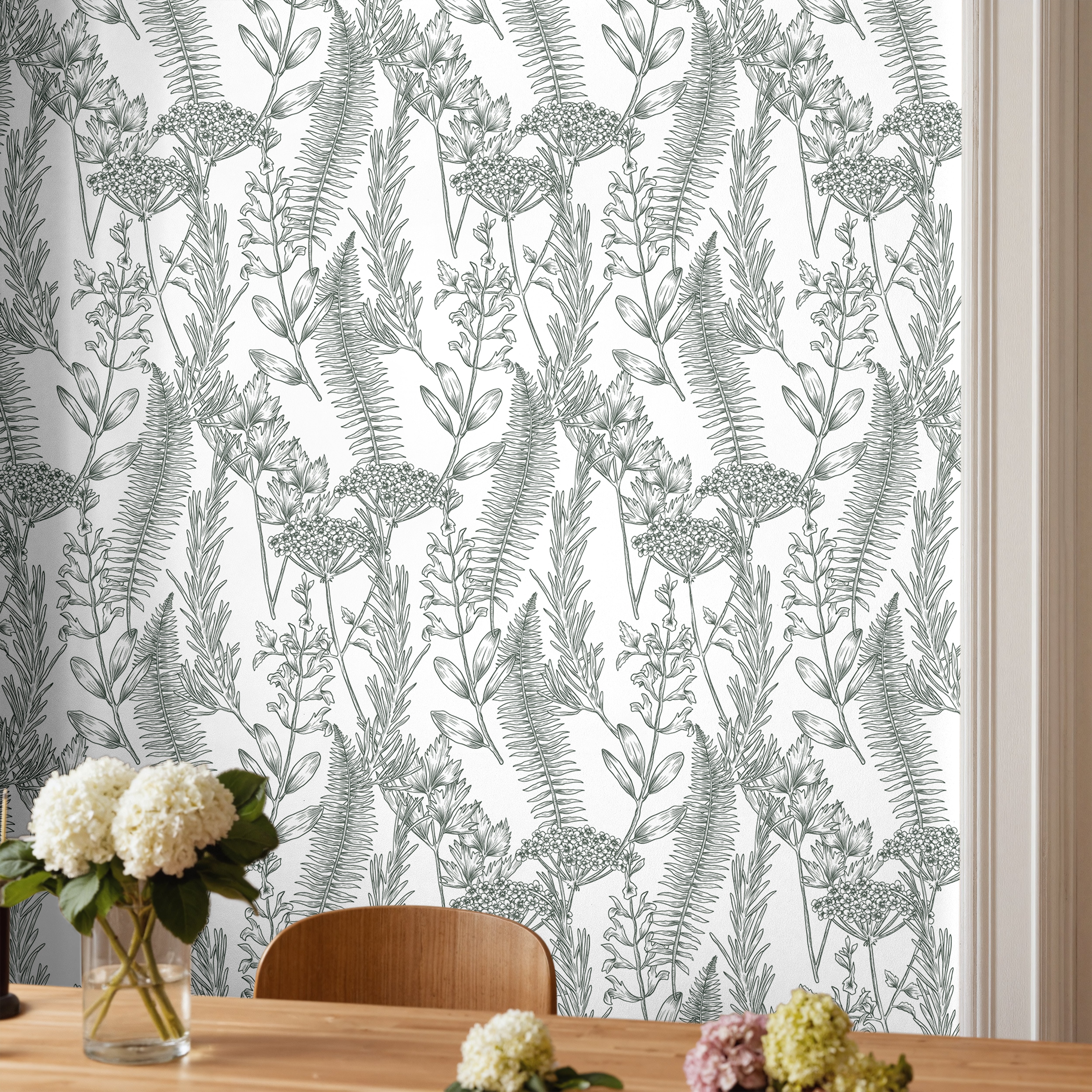 white and sage wildflower botanicals in dining room with flowers