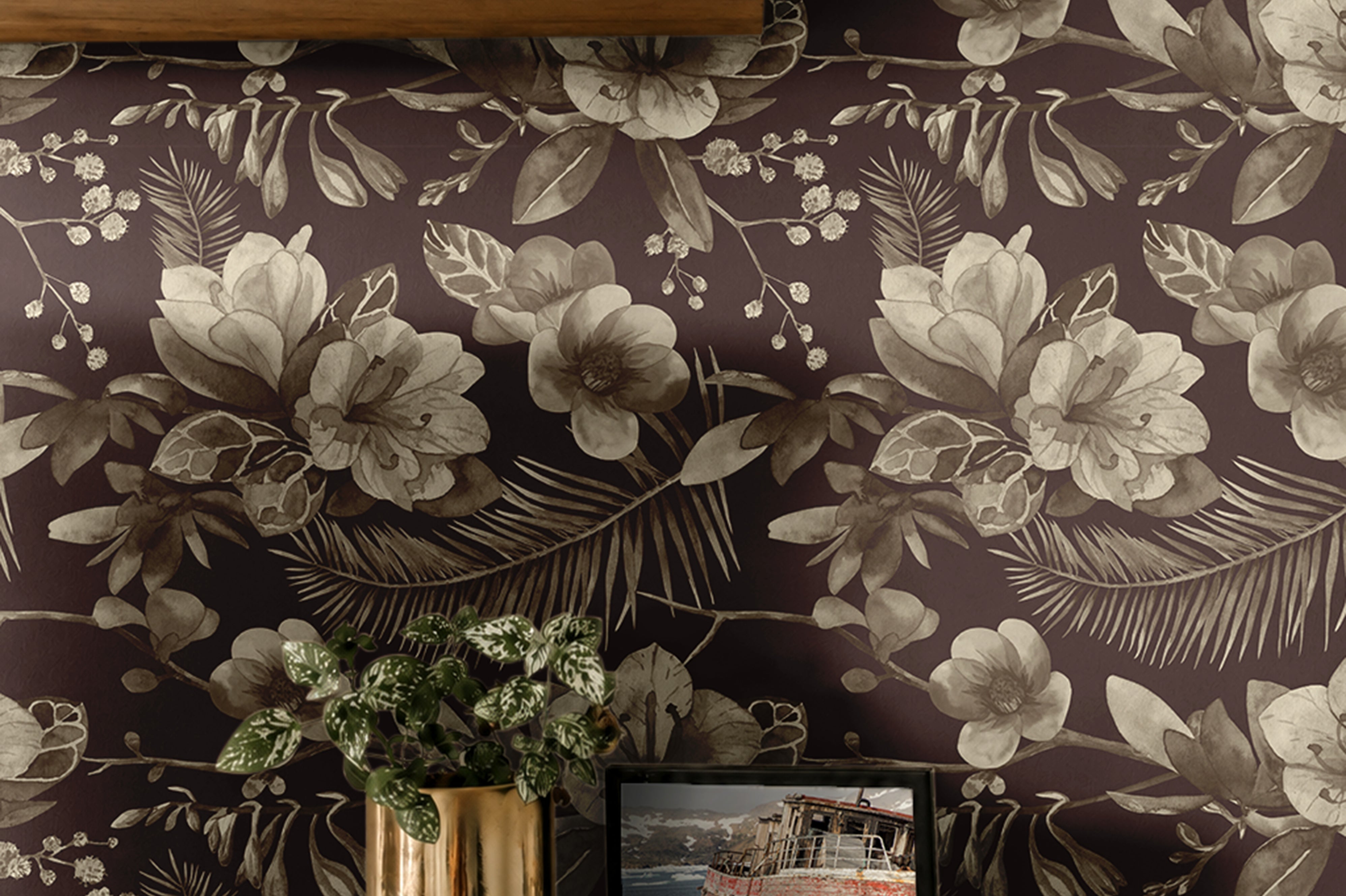 Warm Brown Background with neutral brown watercolor florals behind modern dining room shelving