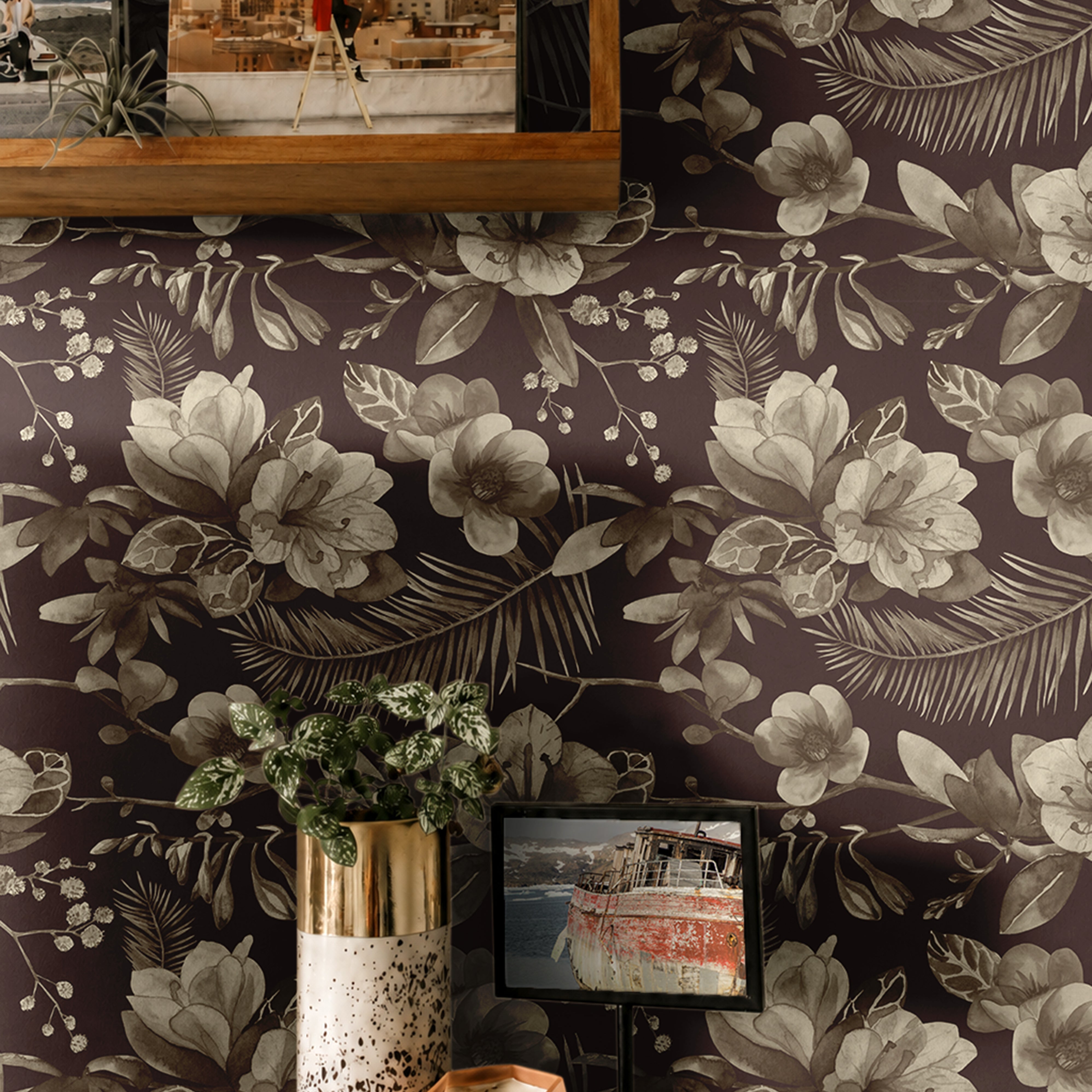 Warm Brown Background with neutral brown watercolor florals behind modern dining room shelving