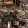 Warm Brown Background with neutral brown watercolor florals behind modern dining room shelving