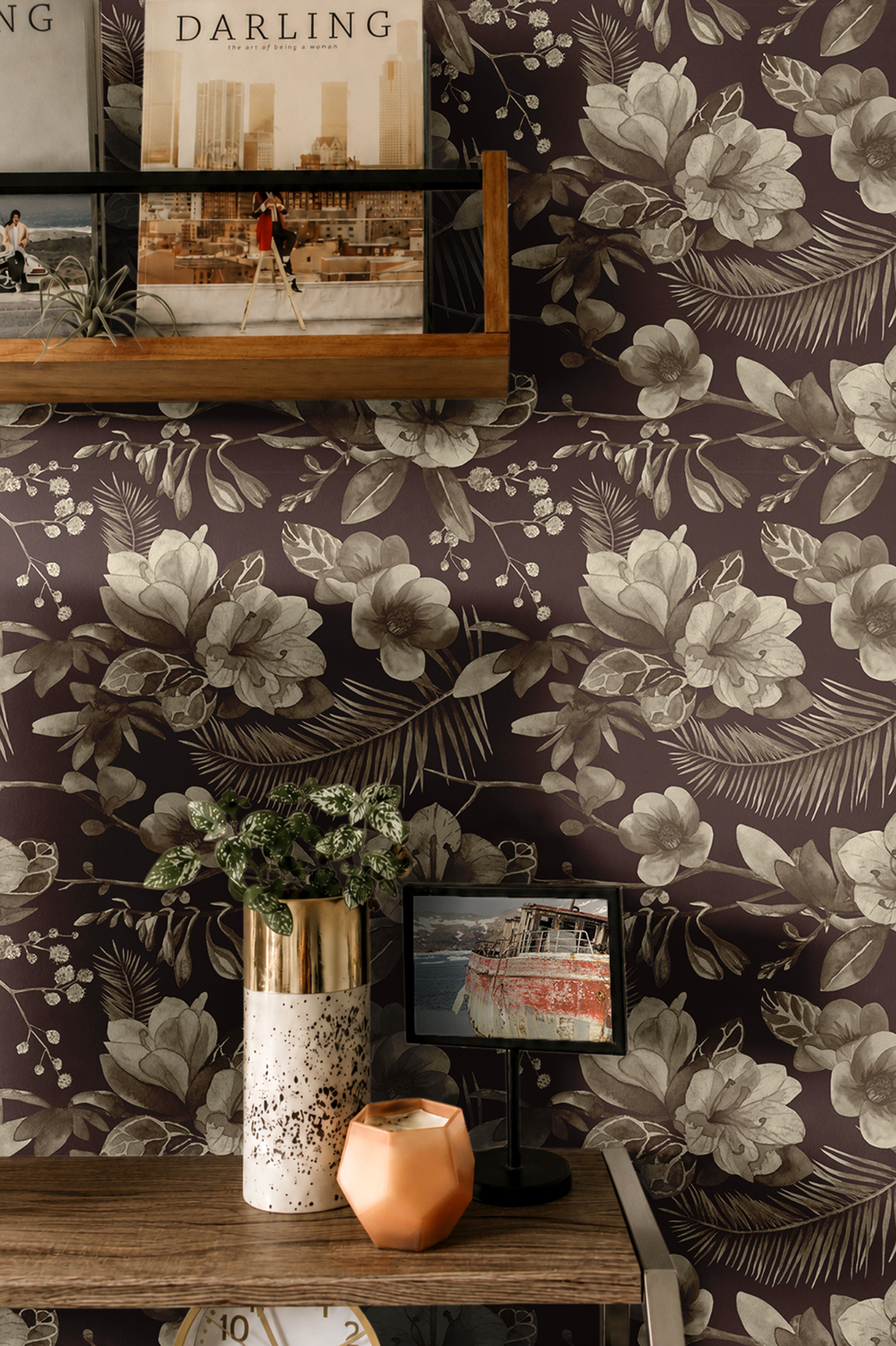 Warm Brown Background with neutral brown watercolor florals behind modern dining room shelving