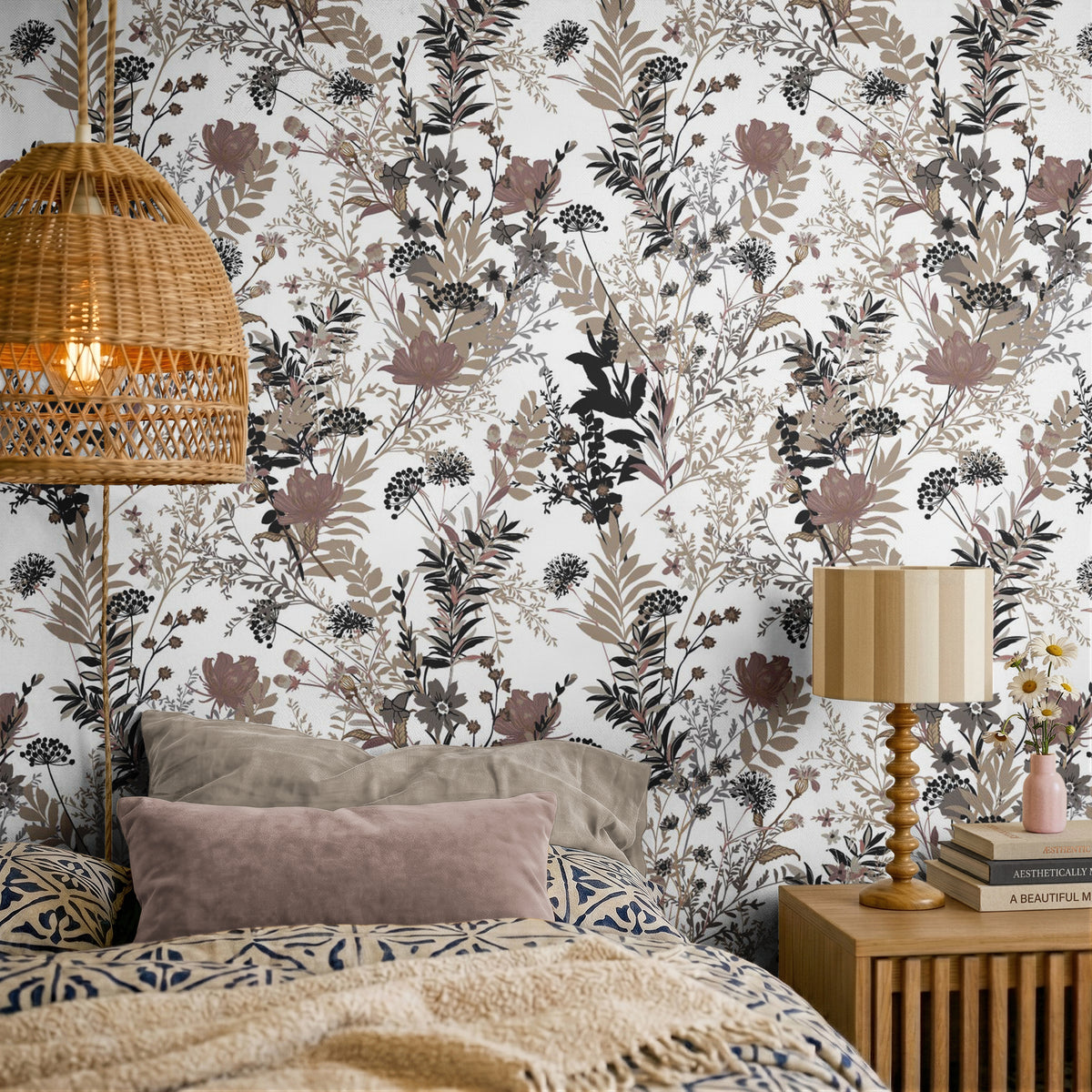 intricate leaves, blooms, and stems in muted tones of taupe, blush, and charcoal on a white background