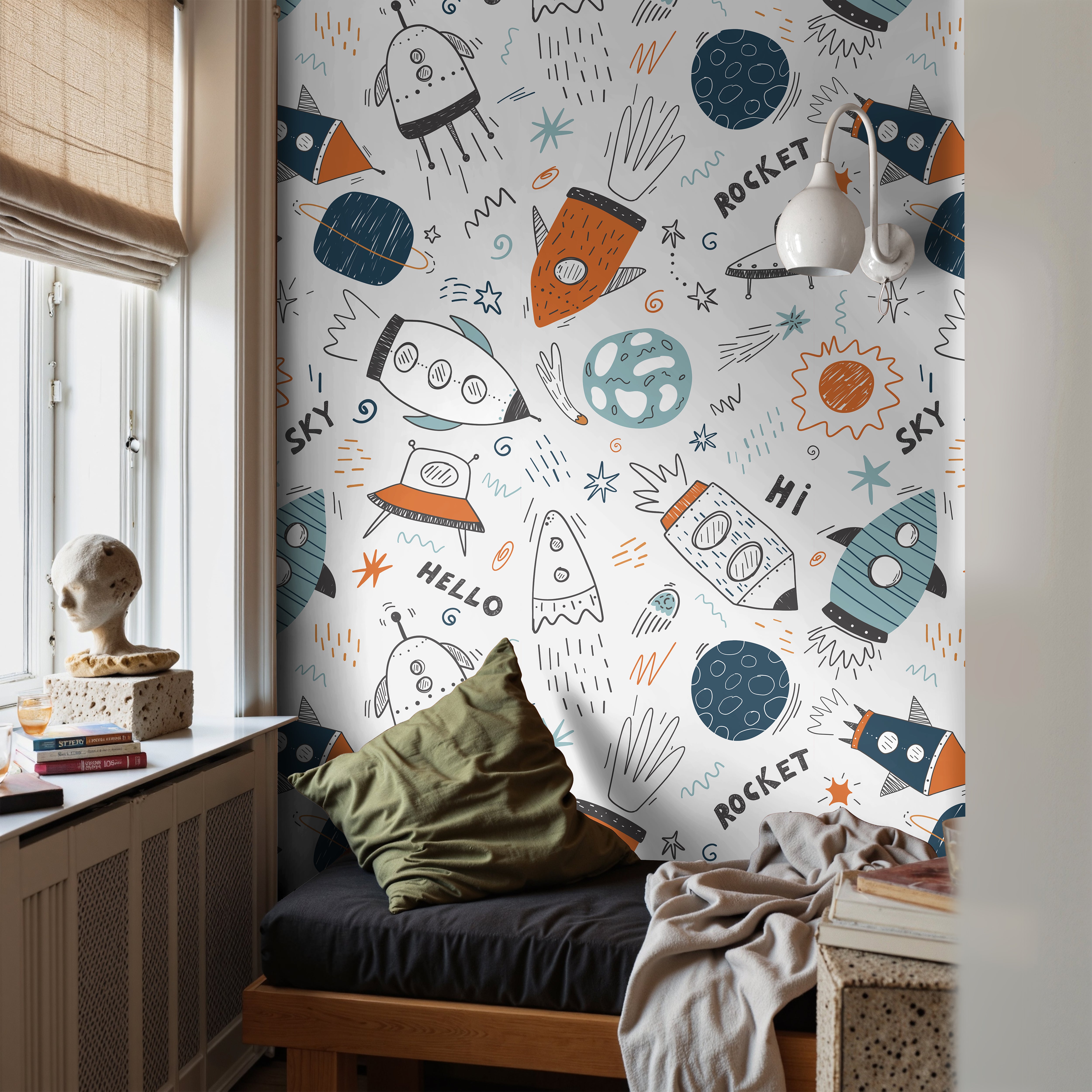 Colorful space rockets in boys reading nook
