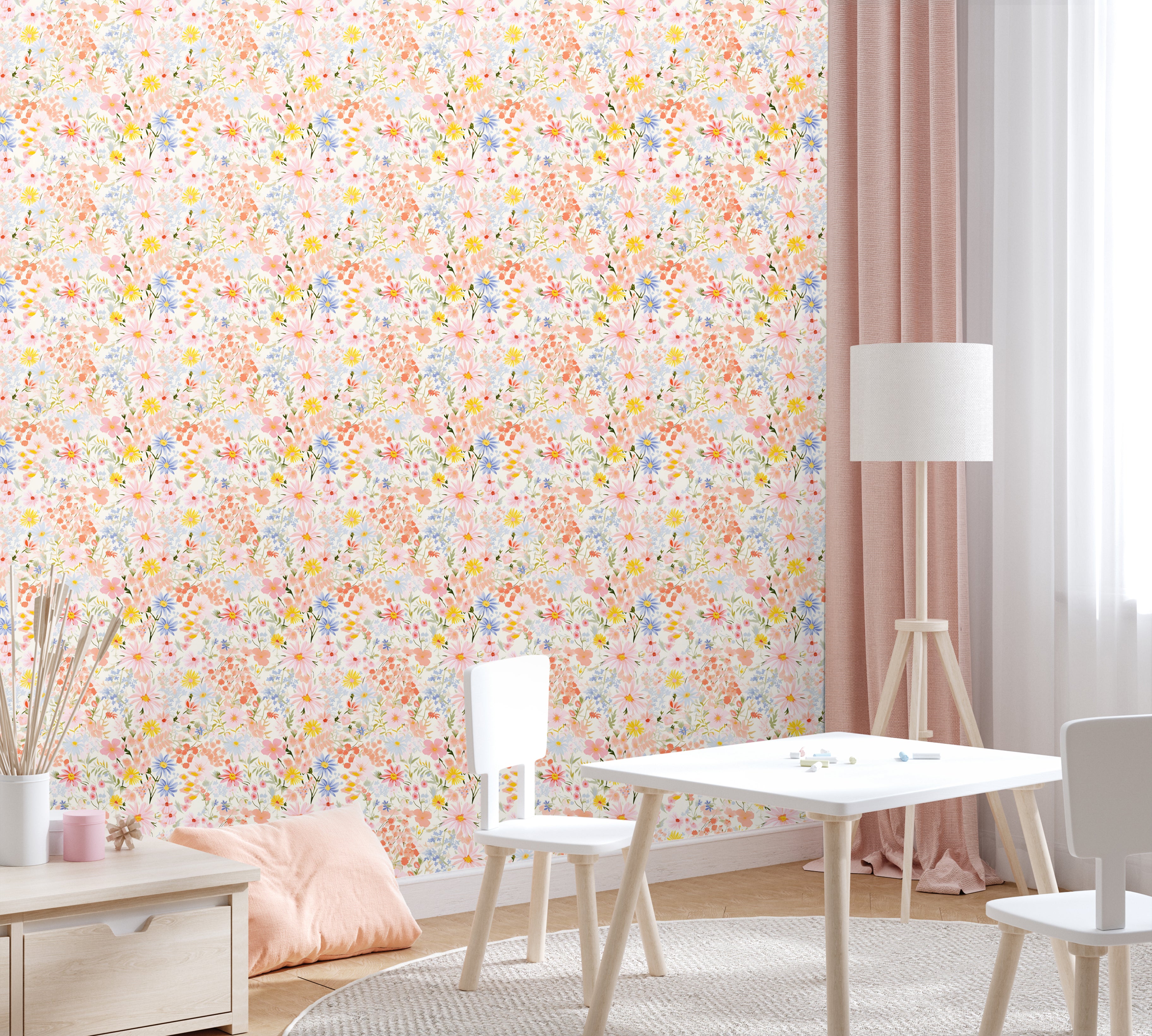 Bright and colorful eccentric blooms styled in neutral kids play room