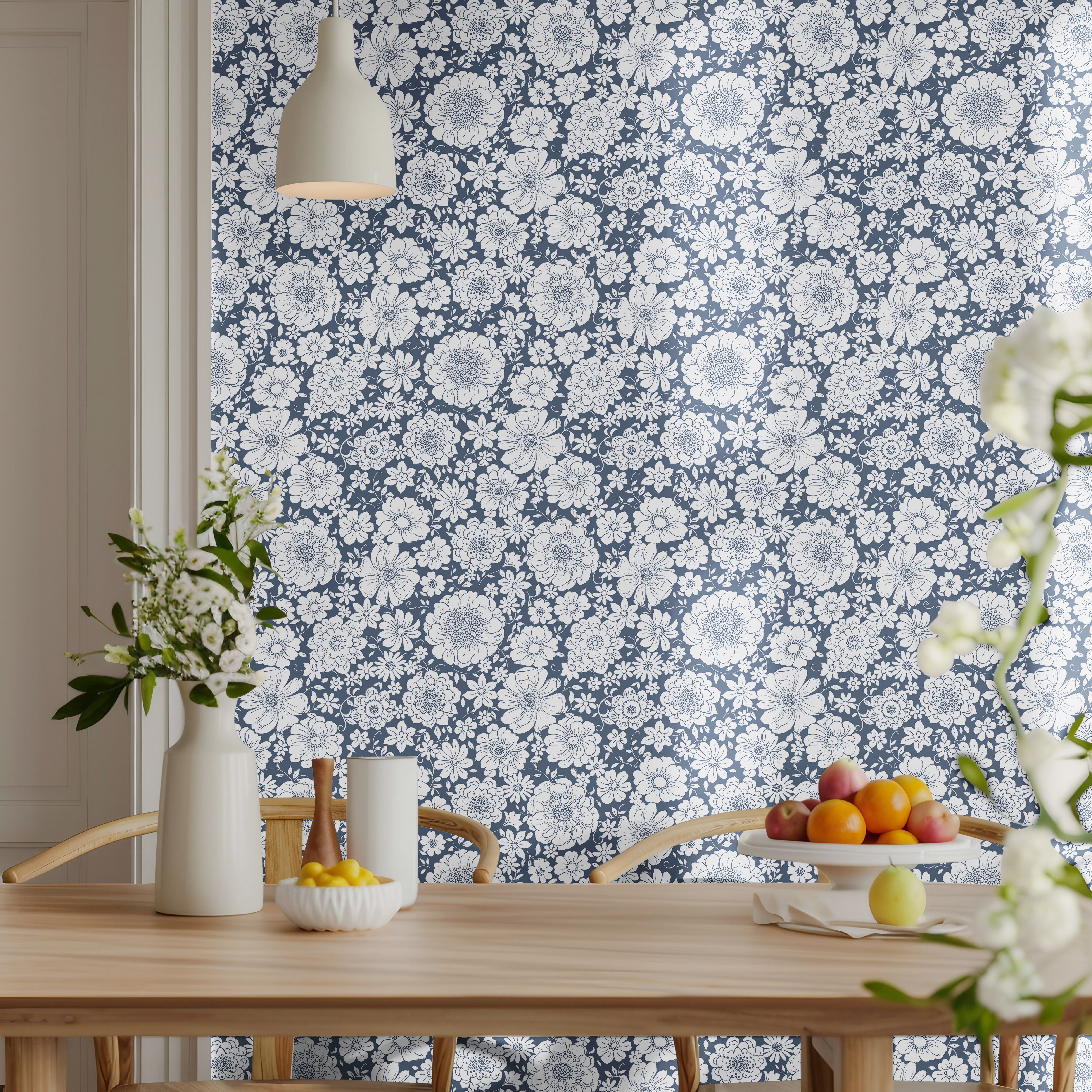 Dark blue with white stamped florals in neutral dining room 