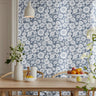Dark blue with white stamped florals in neutral dining room 