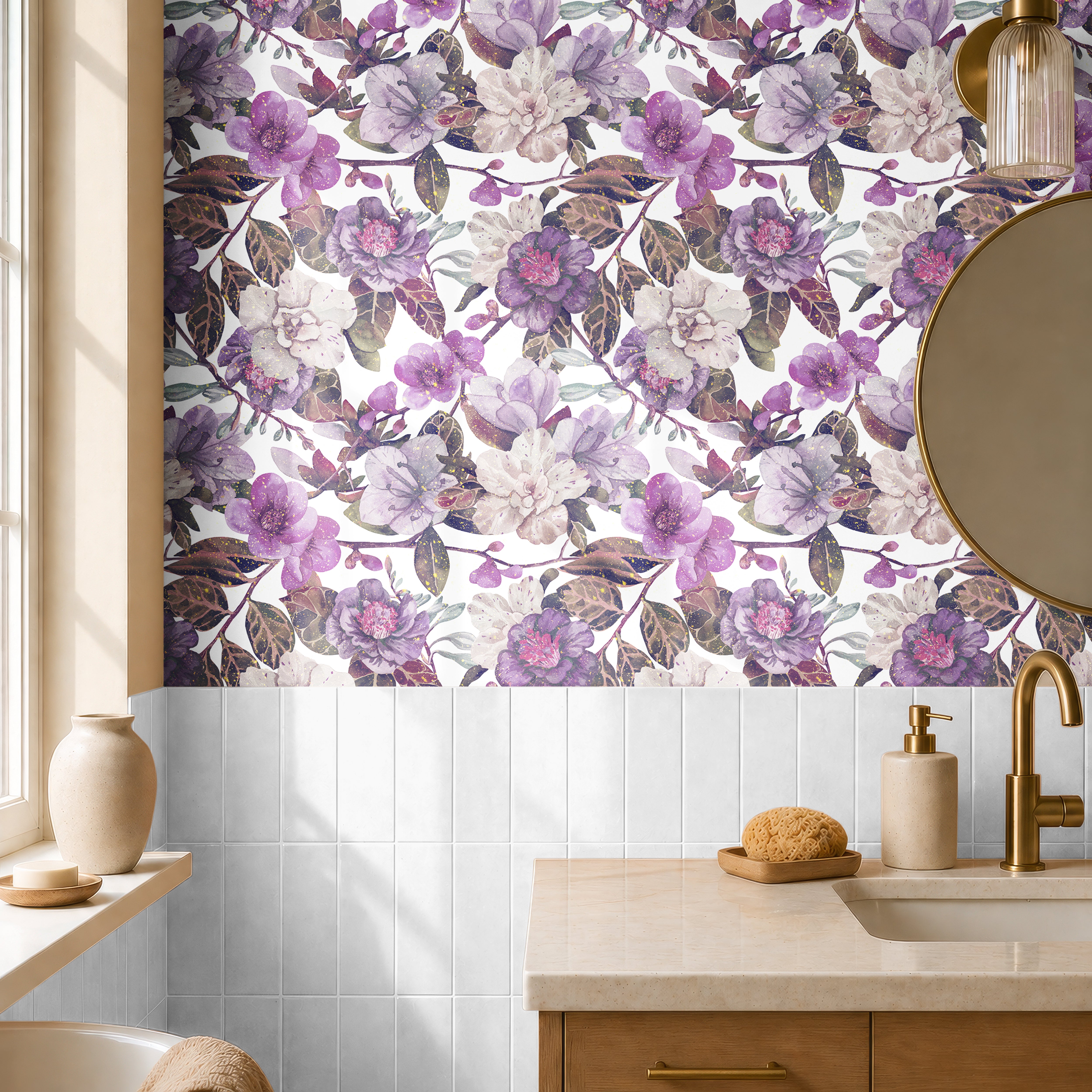 Large Purple Florals with golden sparkles with white background in warm natural bathroom