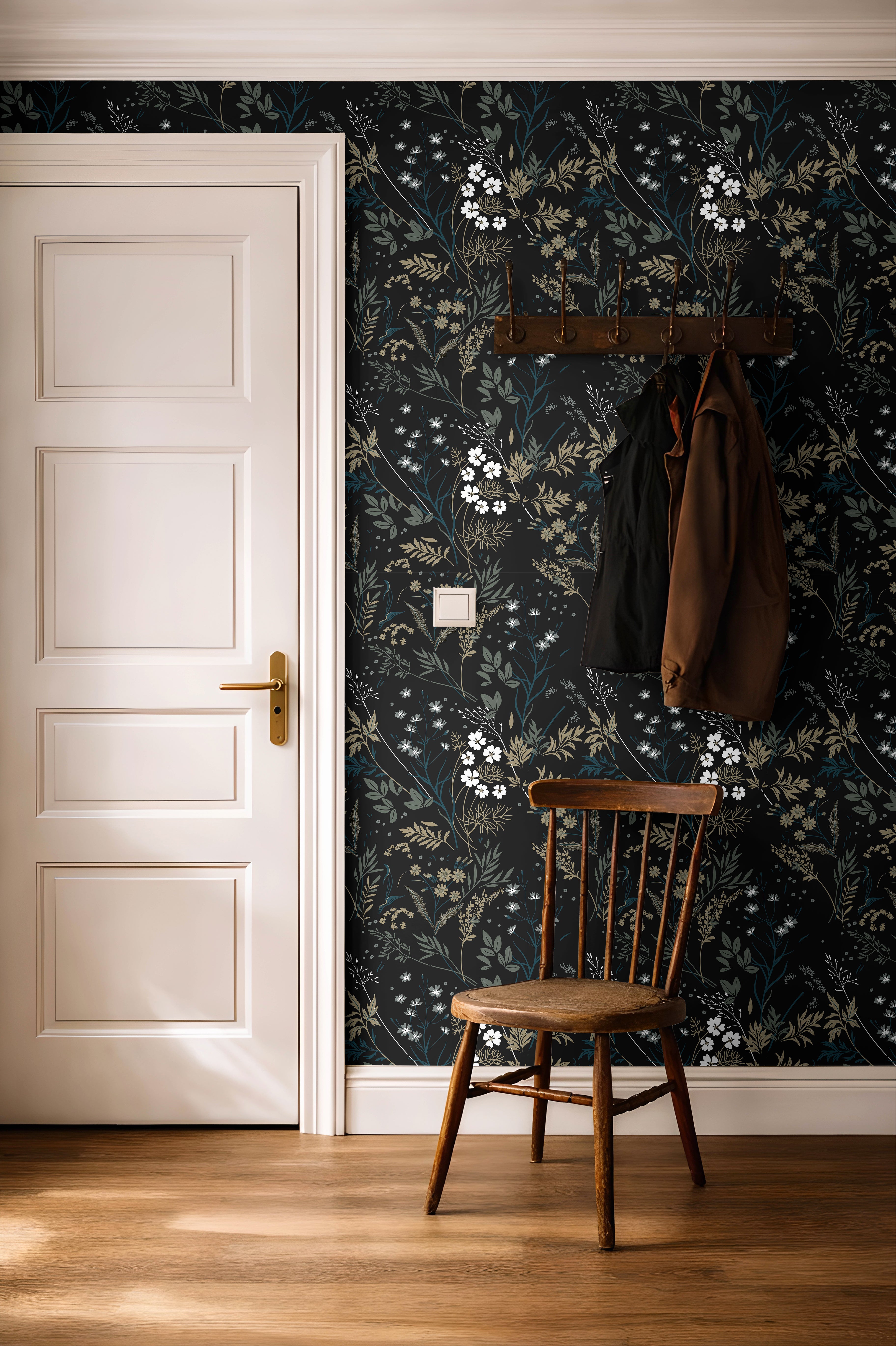 Moody florals with white accents styled in bright hallway with warm wooden accents