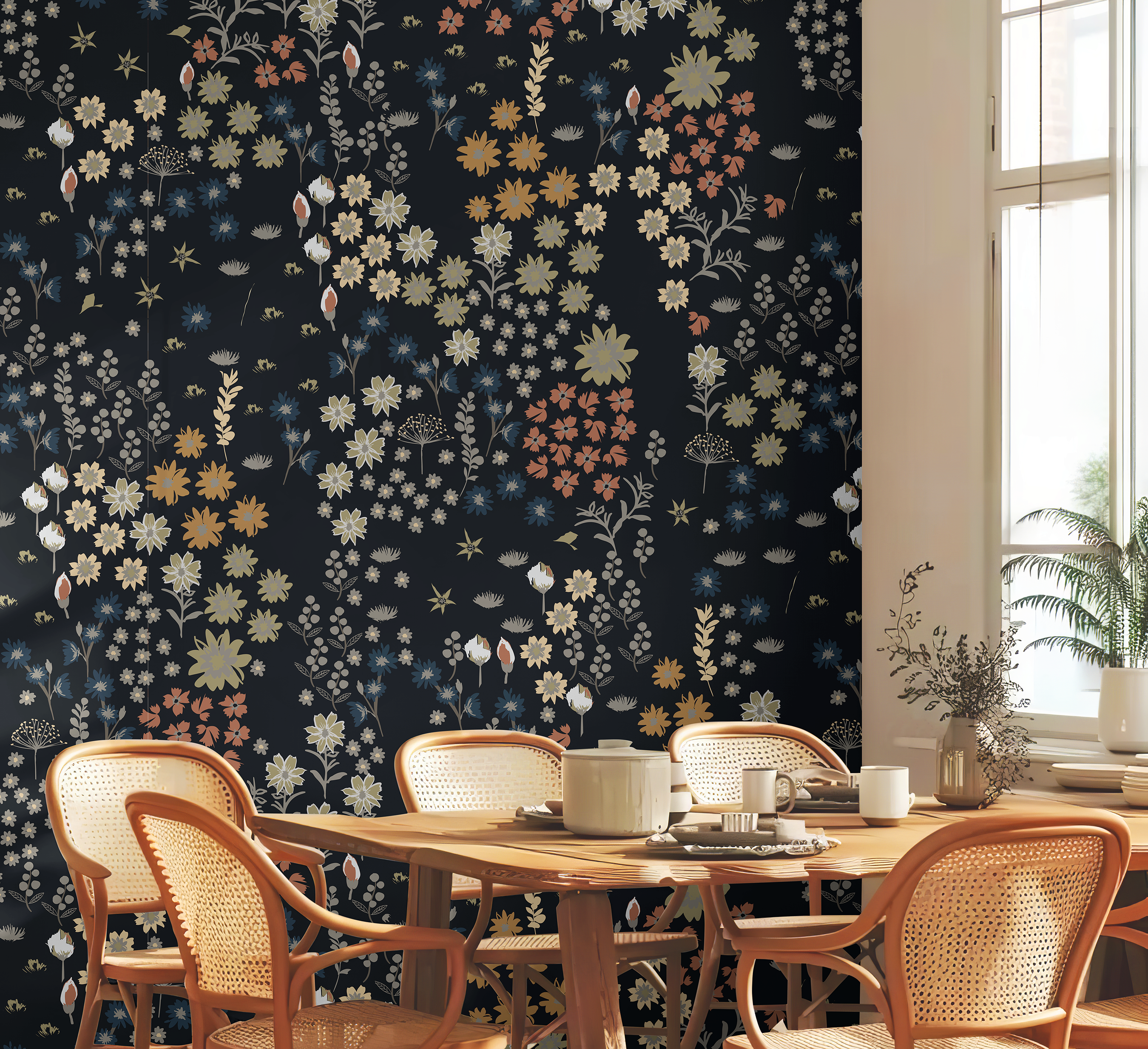 Moddy floral with bright accents in well lit warm dining room