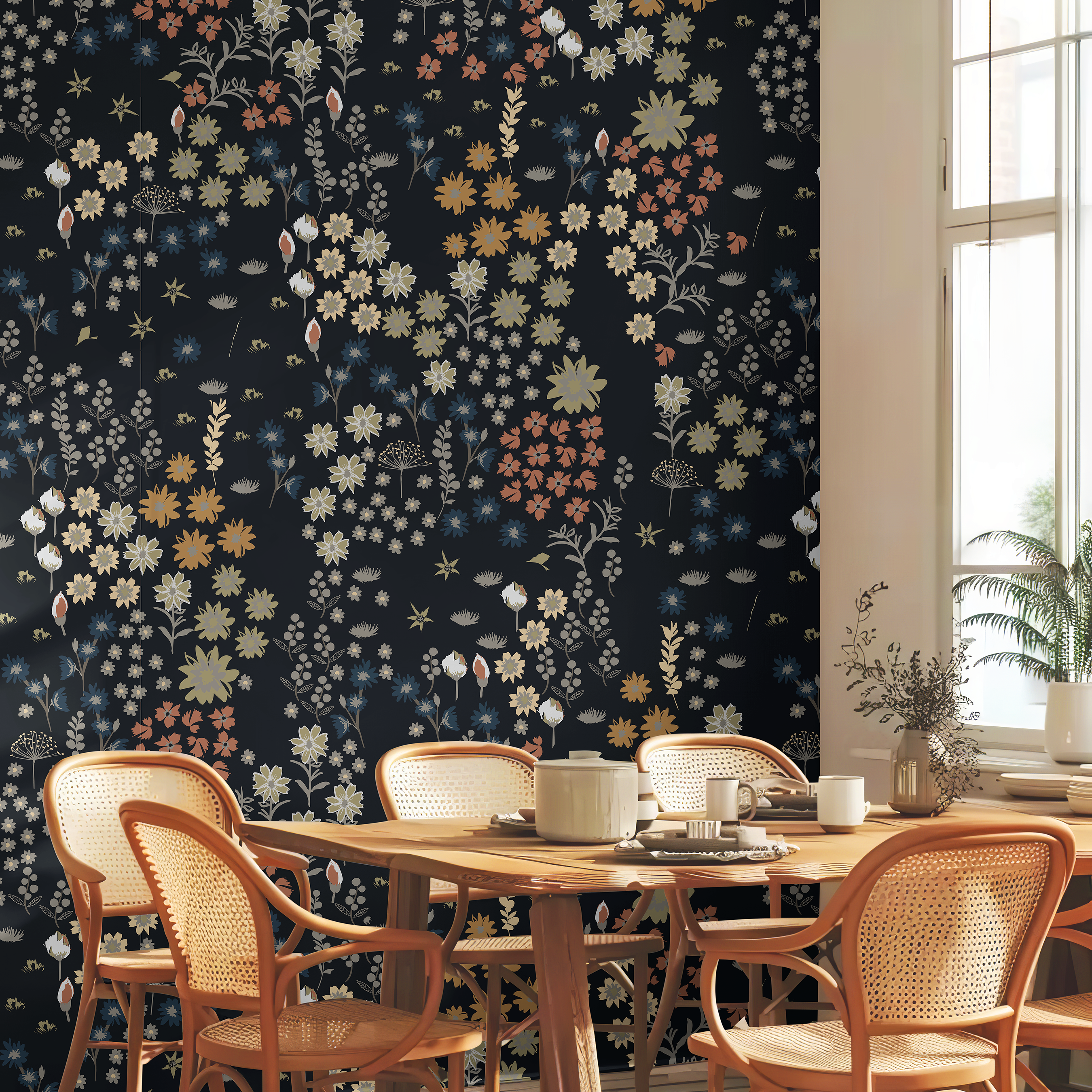 Moddy floral with bright accents in well lit warm dining room