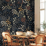 Moddy floral with bright accents in well lit warm dining room