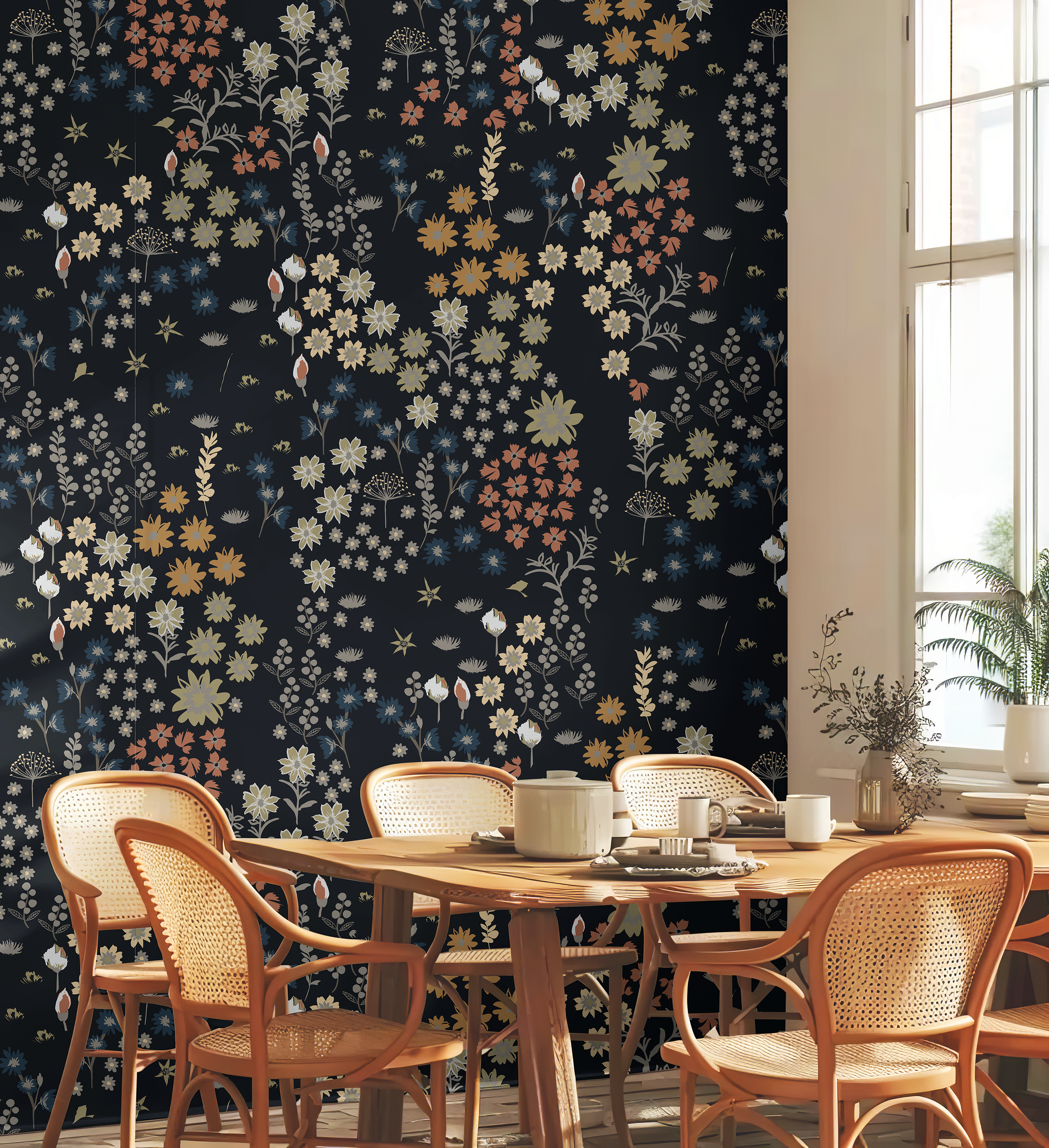 Moddy floral with bright accents in well lit warm dining room