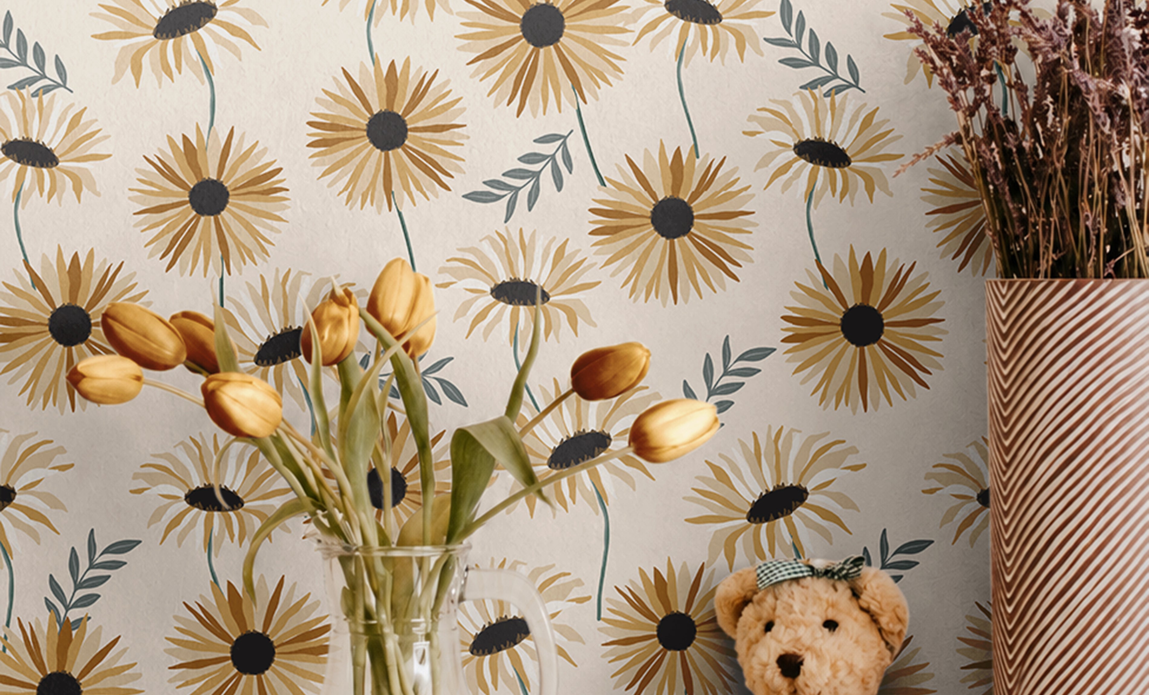Yellow and golden daisies with green stems on off white background in kids nursery with cube shelves behind tulips and teddy bear