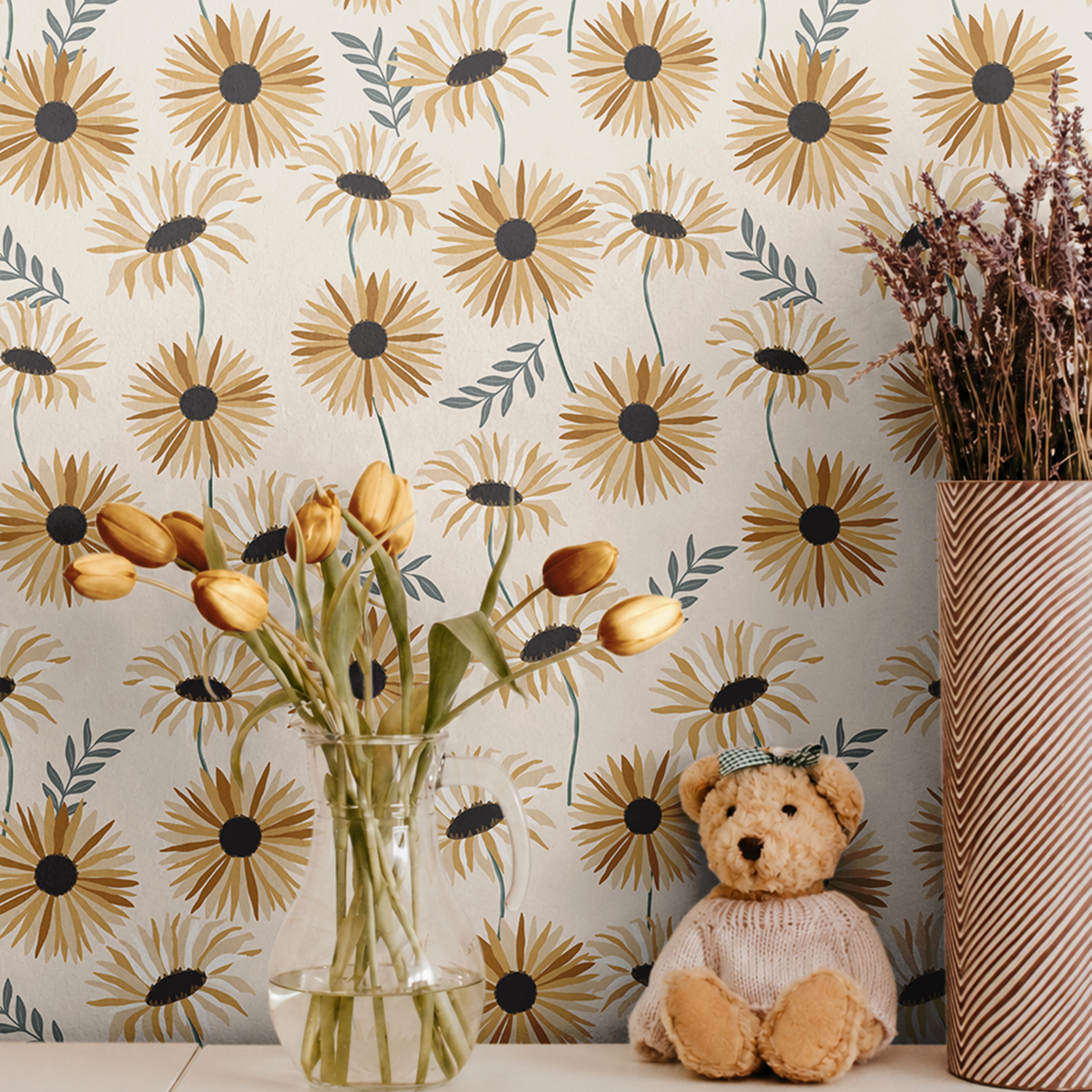 Yellow and golden daisies with green stems on off white background in kids nursery with cube shelves behind tulips and teddy bear