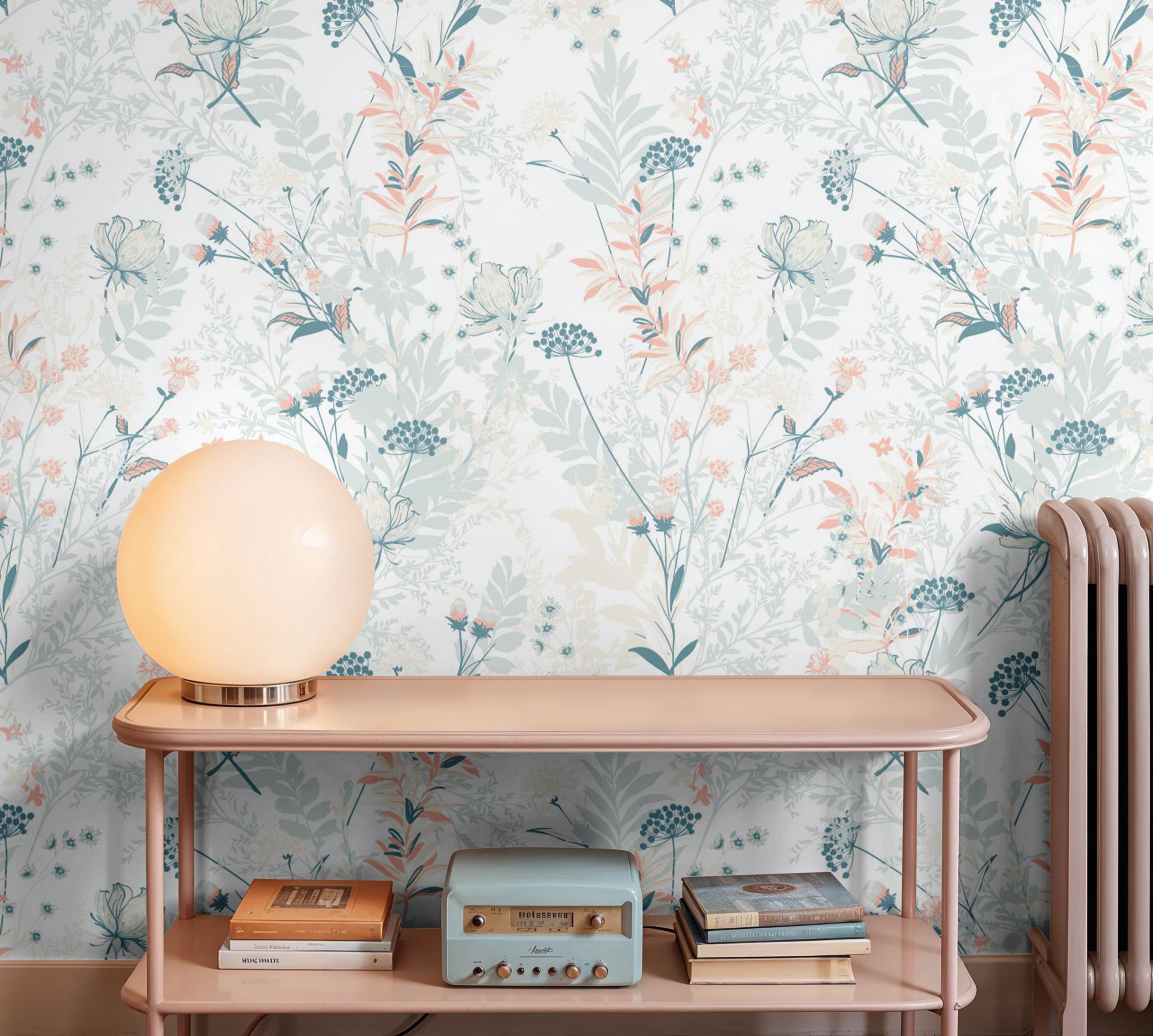 Pastel wildflowers on white background in muted pink living room