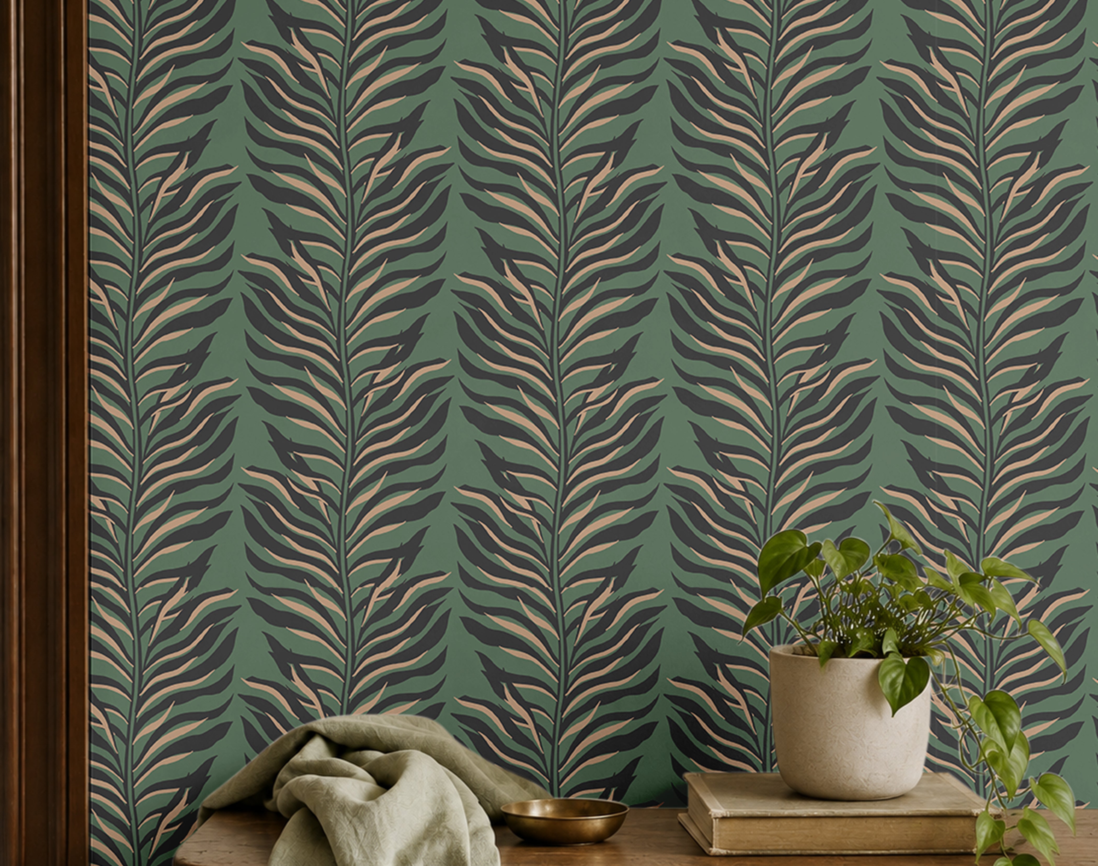 repeating fronds with tapered leaflets in muted sage and eucalyptus green, set against a deep charcoal ground with warm blush-tan accents