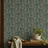 repeating fronds with tapered leaflets in muted sage and eucalyptus green, set against a deep charcoal ground with warm blush-tan accents