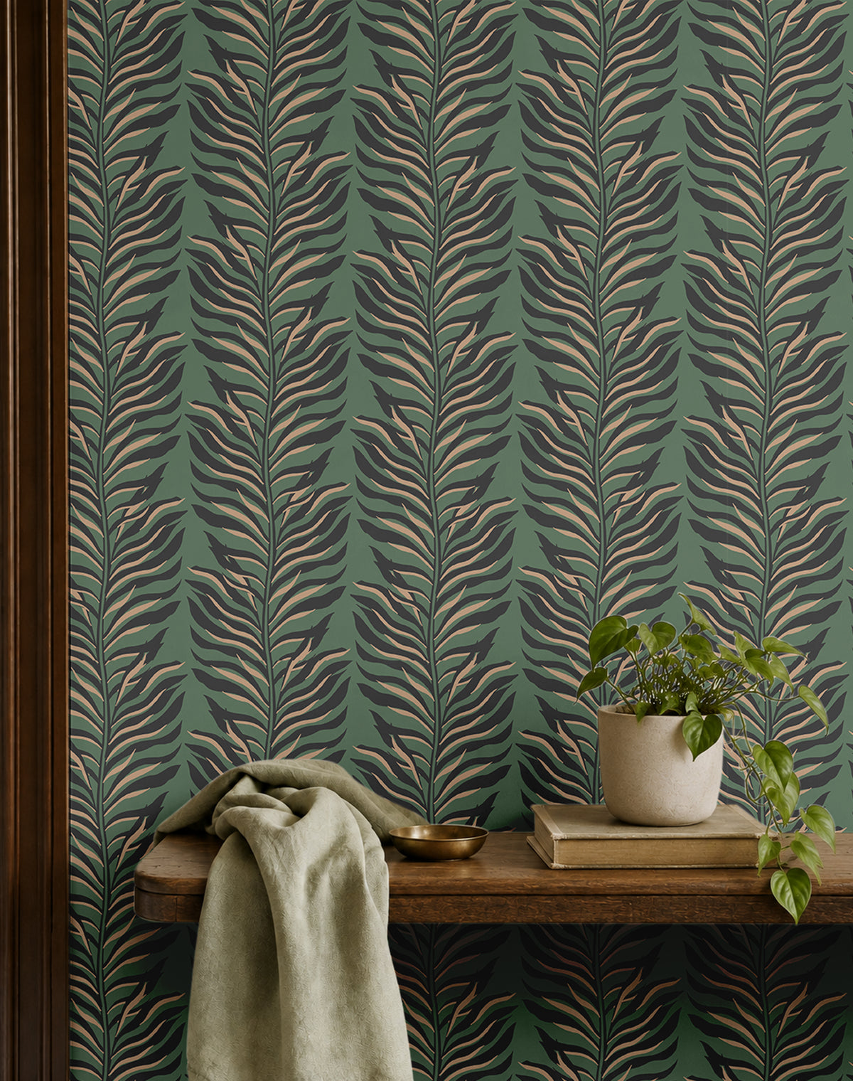 repeating fronds with tapered leaflets in muted sage and eucalyptus green, set against a deep charcoal ground with warm blush-tan accents