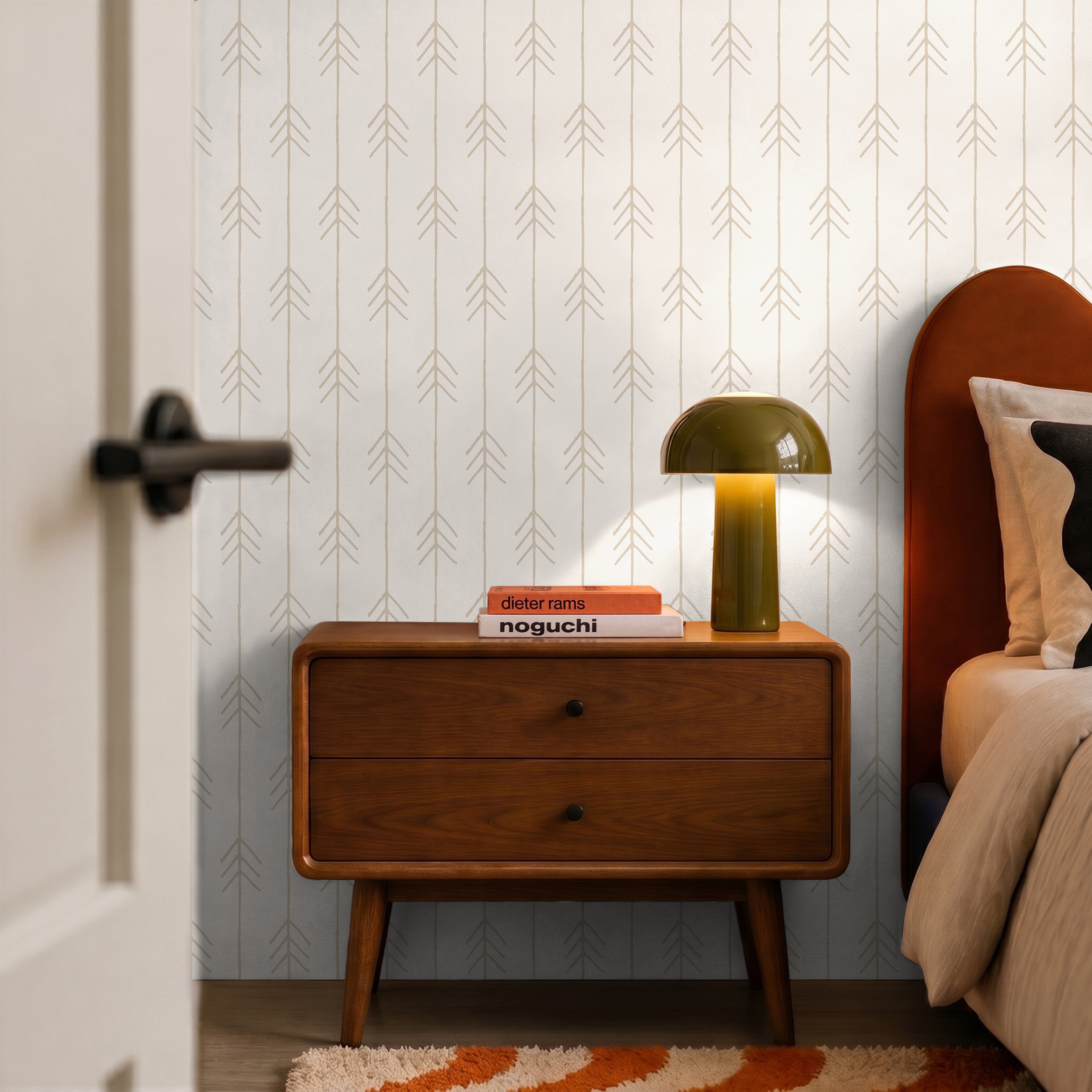 Beige tan vertical arrows on cream, white background in mid century modern bedroom