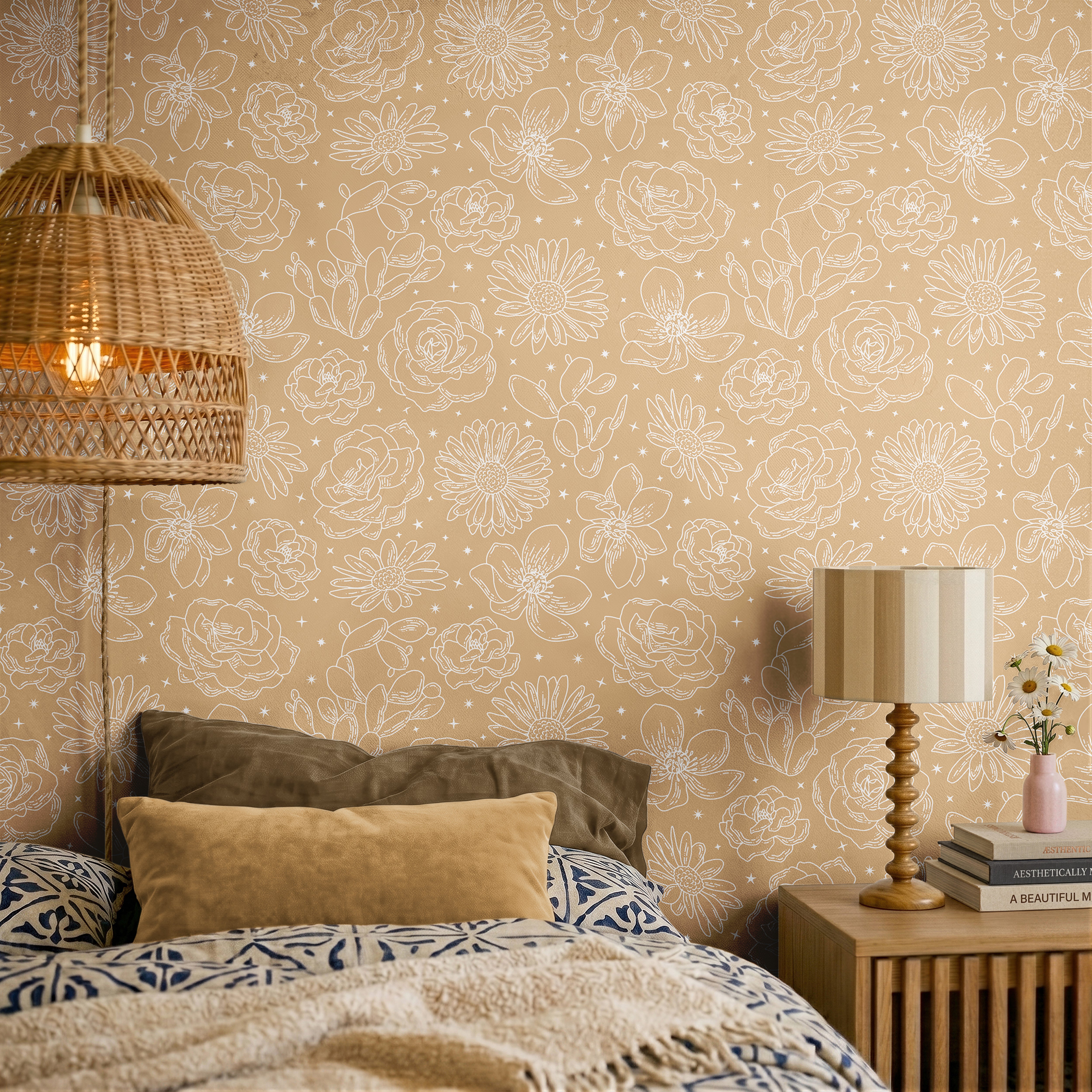 tan floral outlines with stars in white, styled in a boho interior bedroom