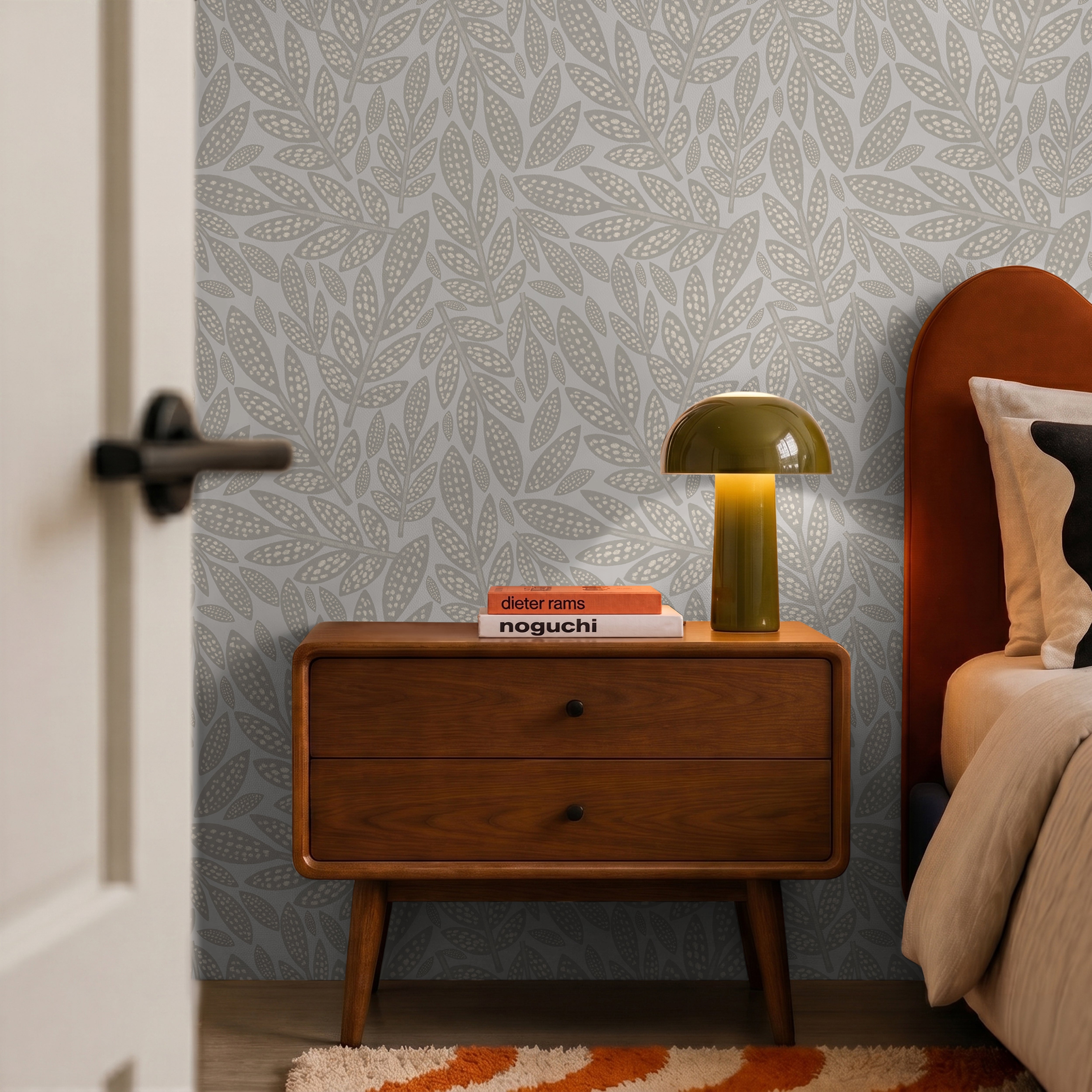 Beige and tan leaves farmhouse mid century modern bedroom