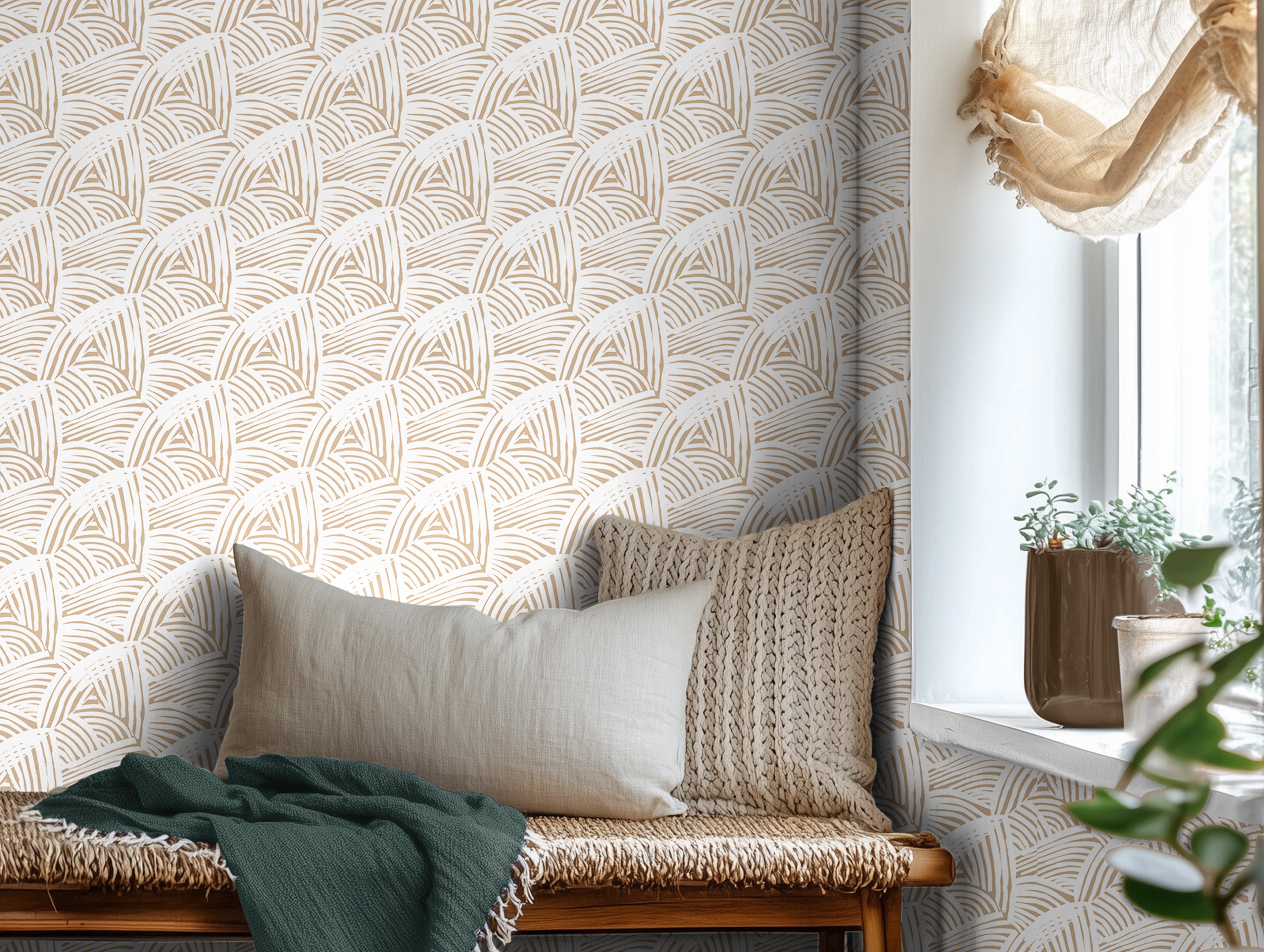 warm tan brushstrokes creating geometric pattern in day bed nook with a white background