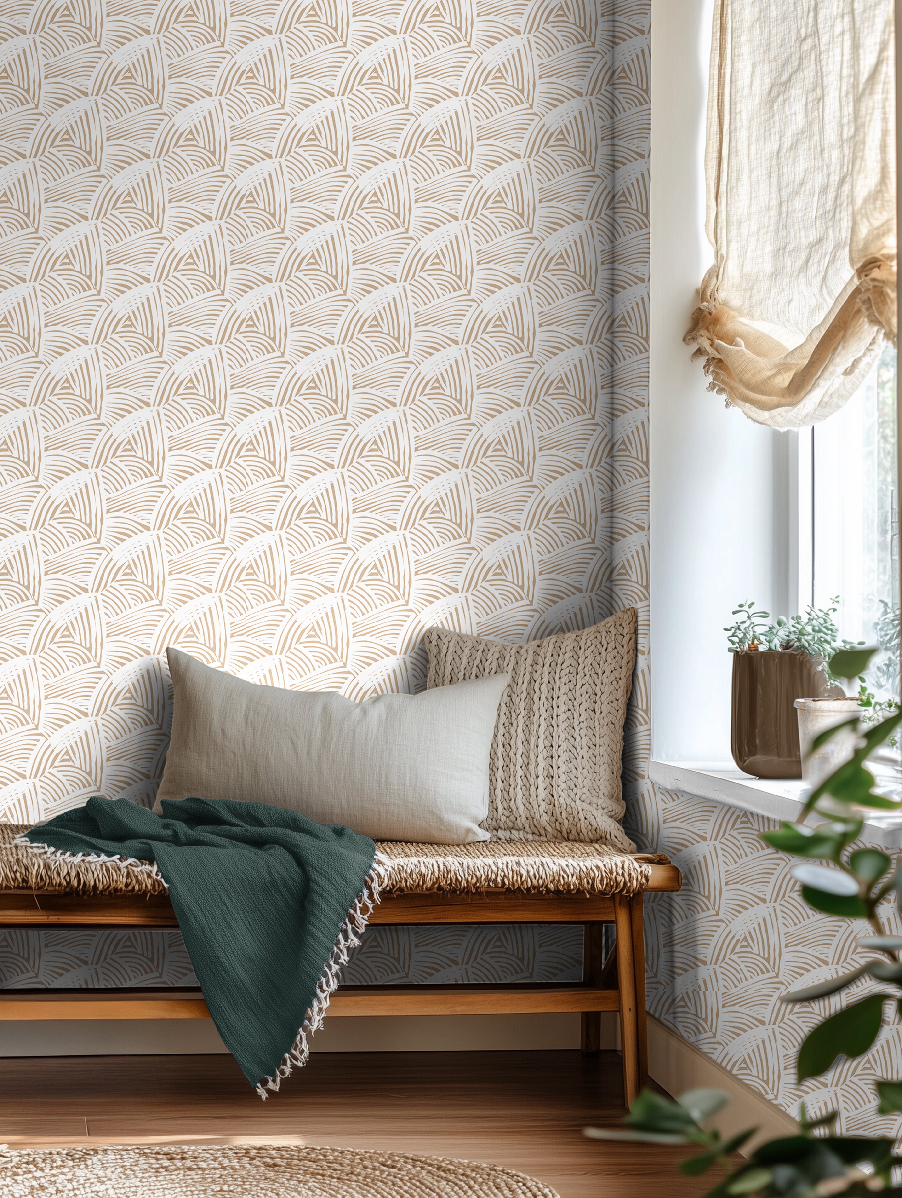warm tan brushstrokes creating geometric pattern in day bed nook with a white background
