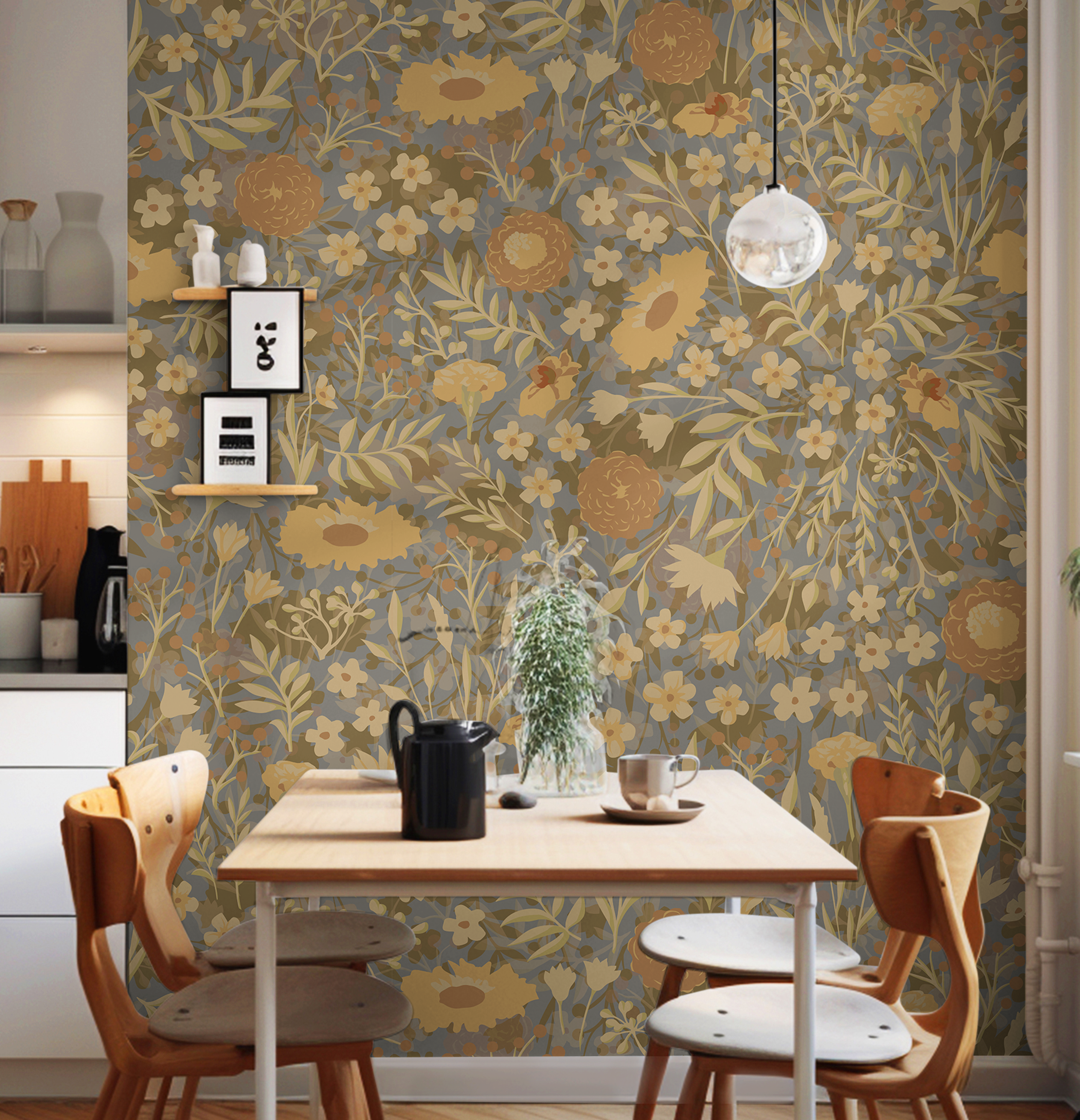 modern Dining room with warm muted floral wallcovering