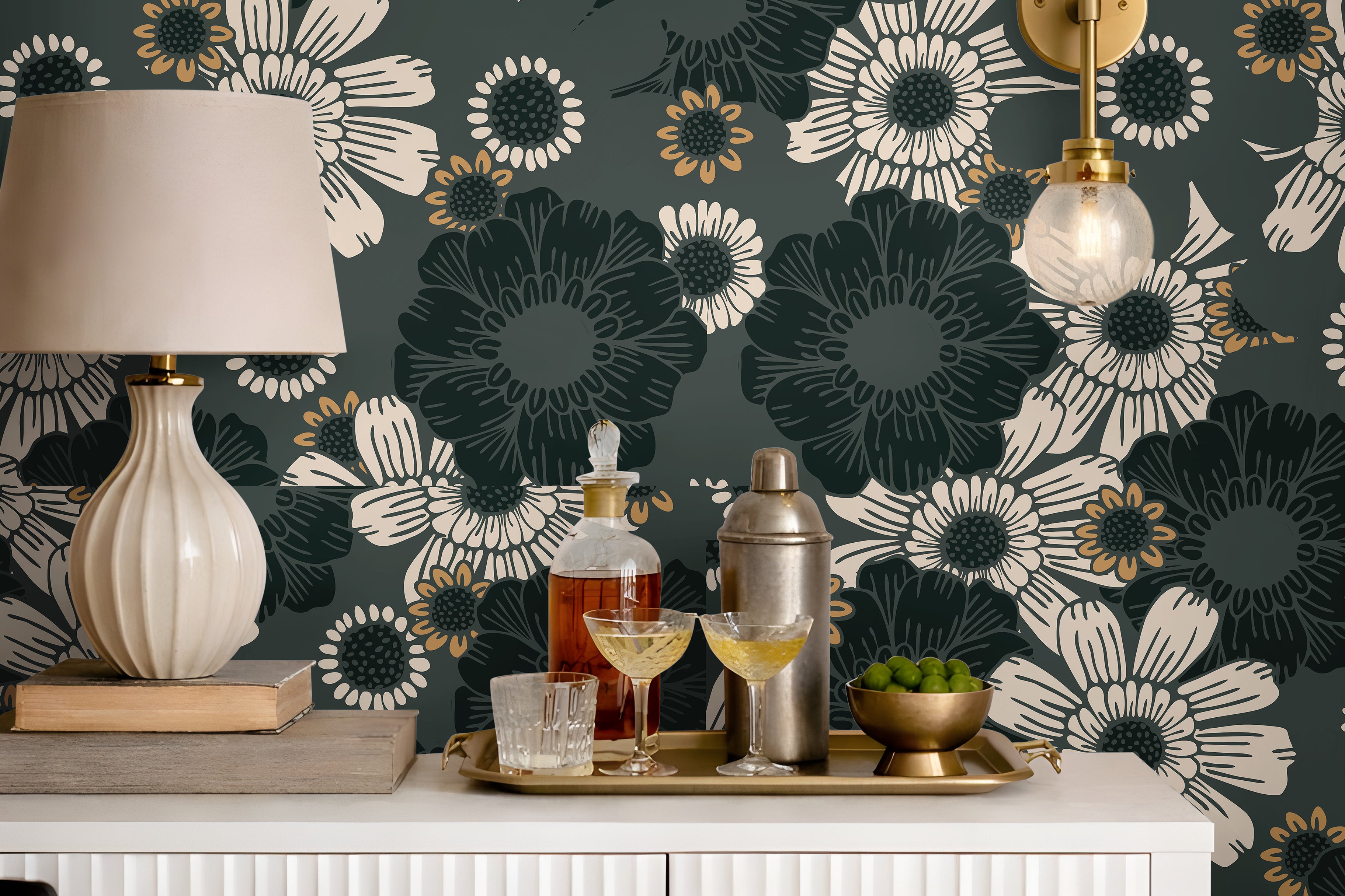 Dark Teal and Green moody botanicals styled in bright interior living space