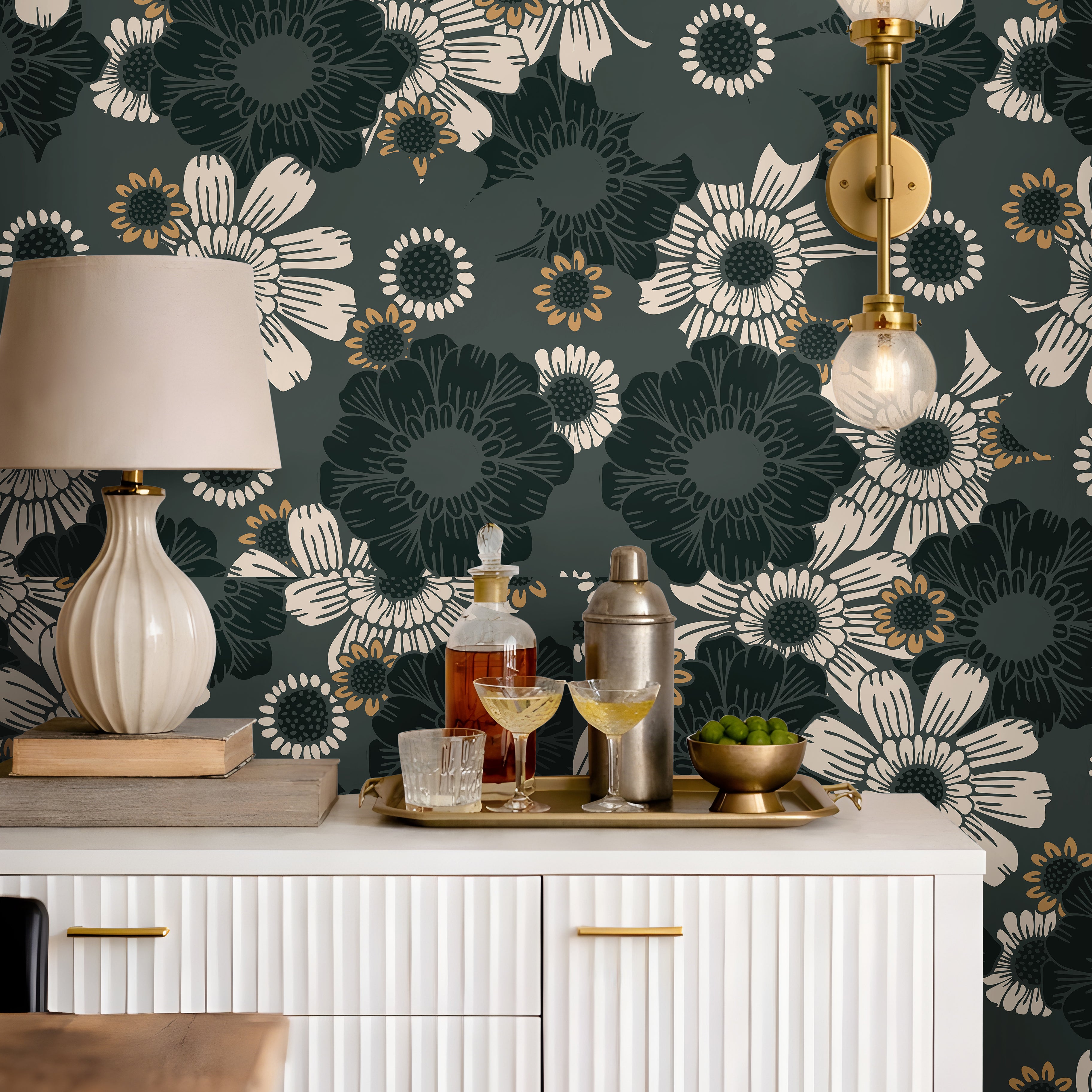 Dark Teal and Green moody botanicals styled in bright interior living space