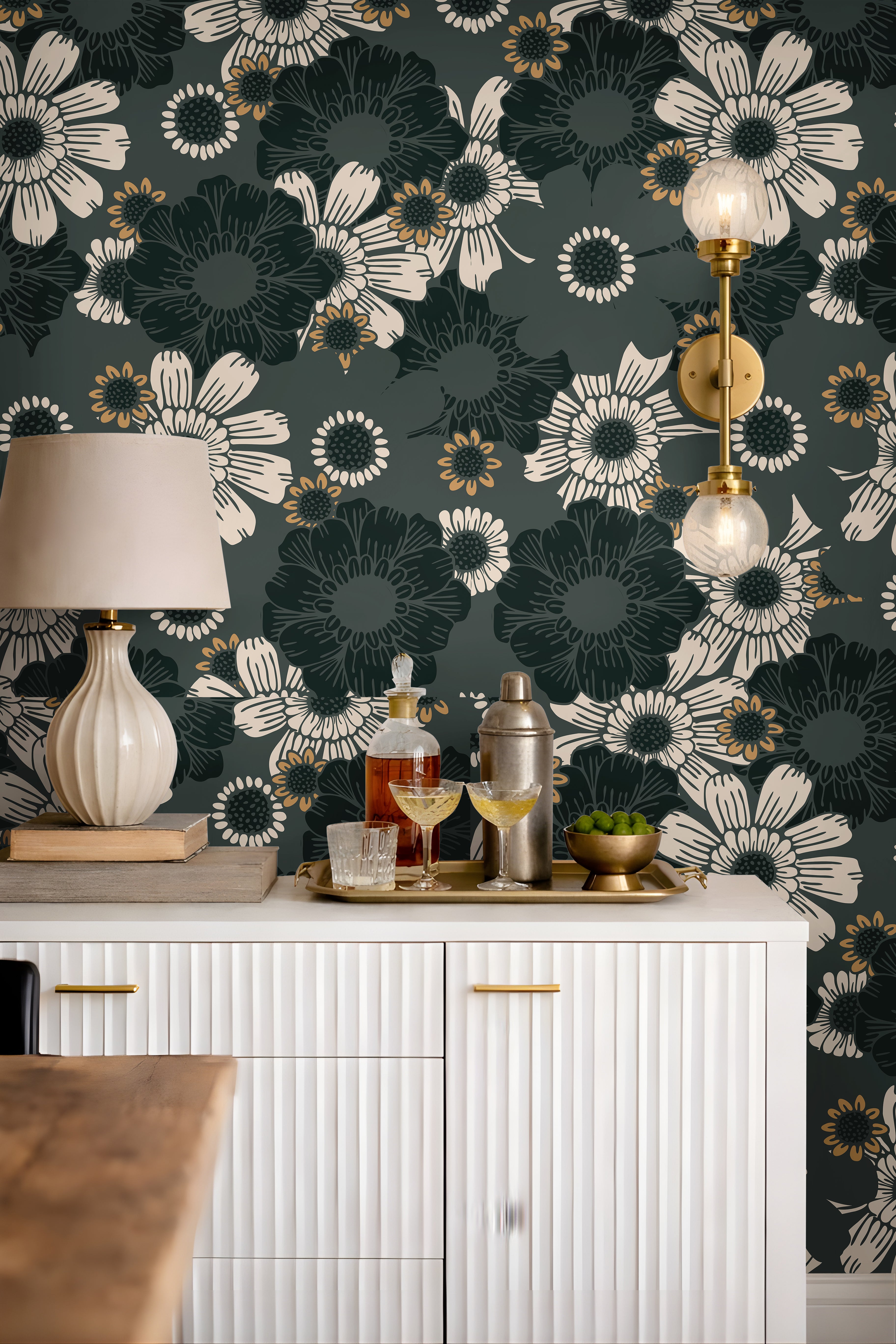 Dark Teal and Green moody botanicals styled in bright interior living space