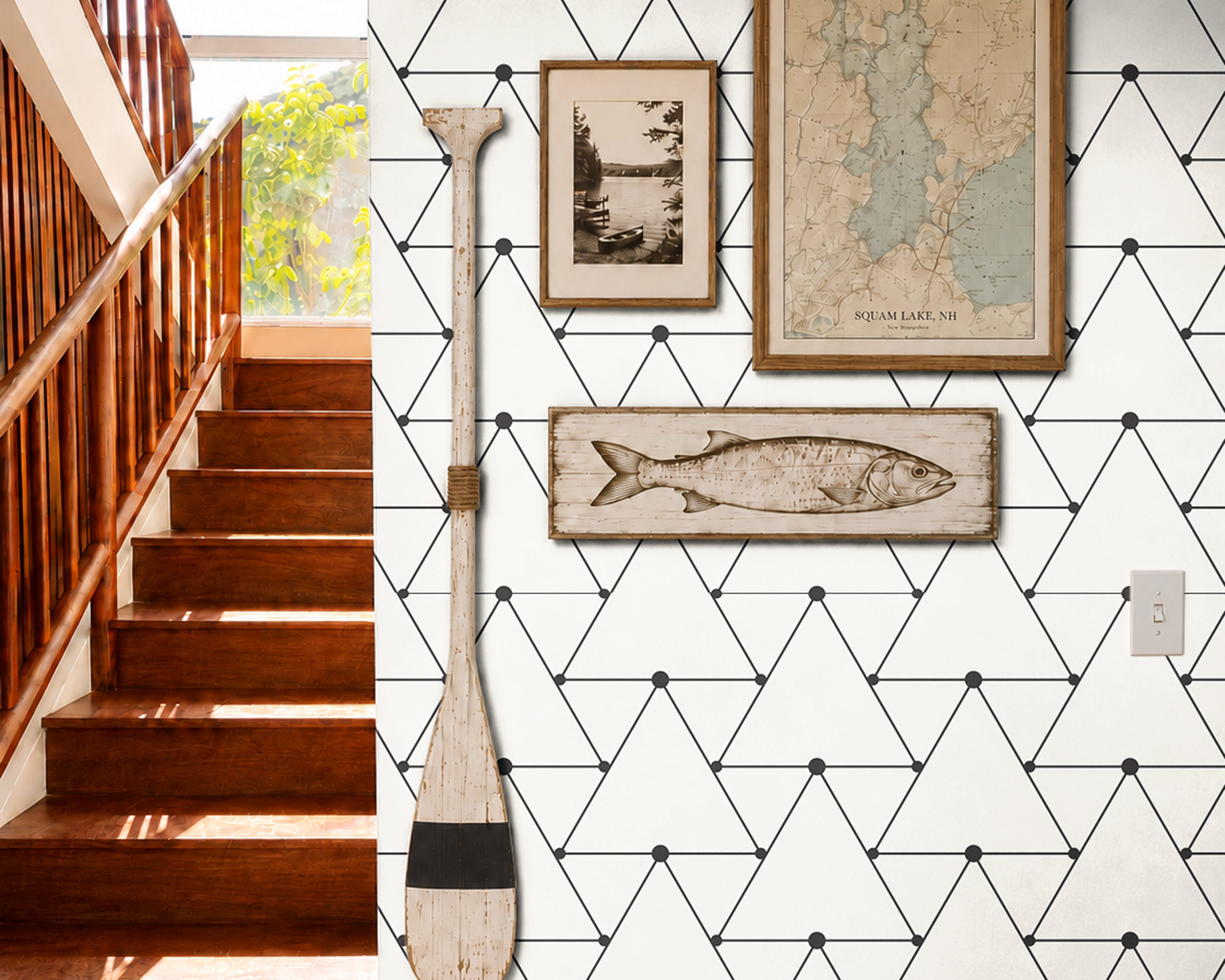 black geometric triangle outlines on white background in well lit nautical hallway