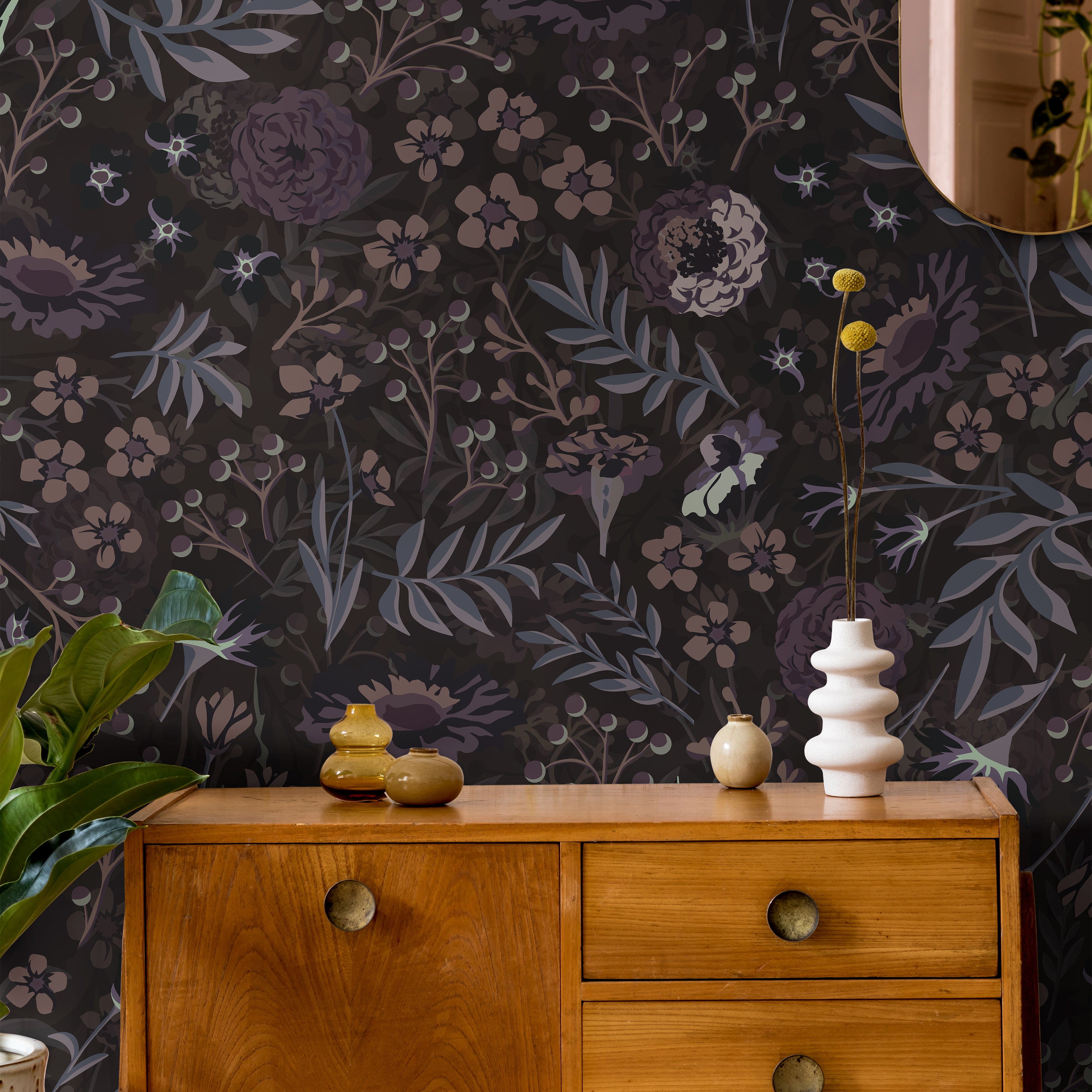 moody purple florals styled in interior office with warm toned credenza