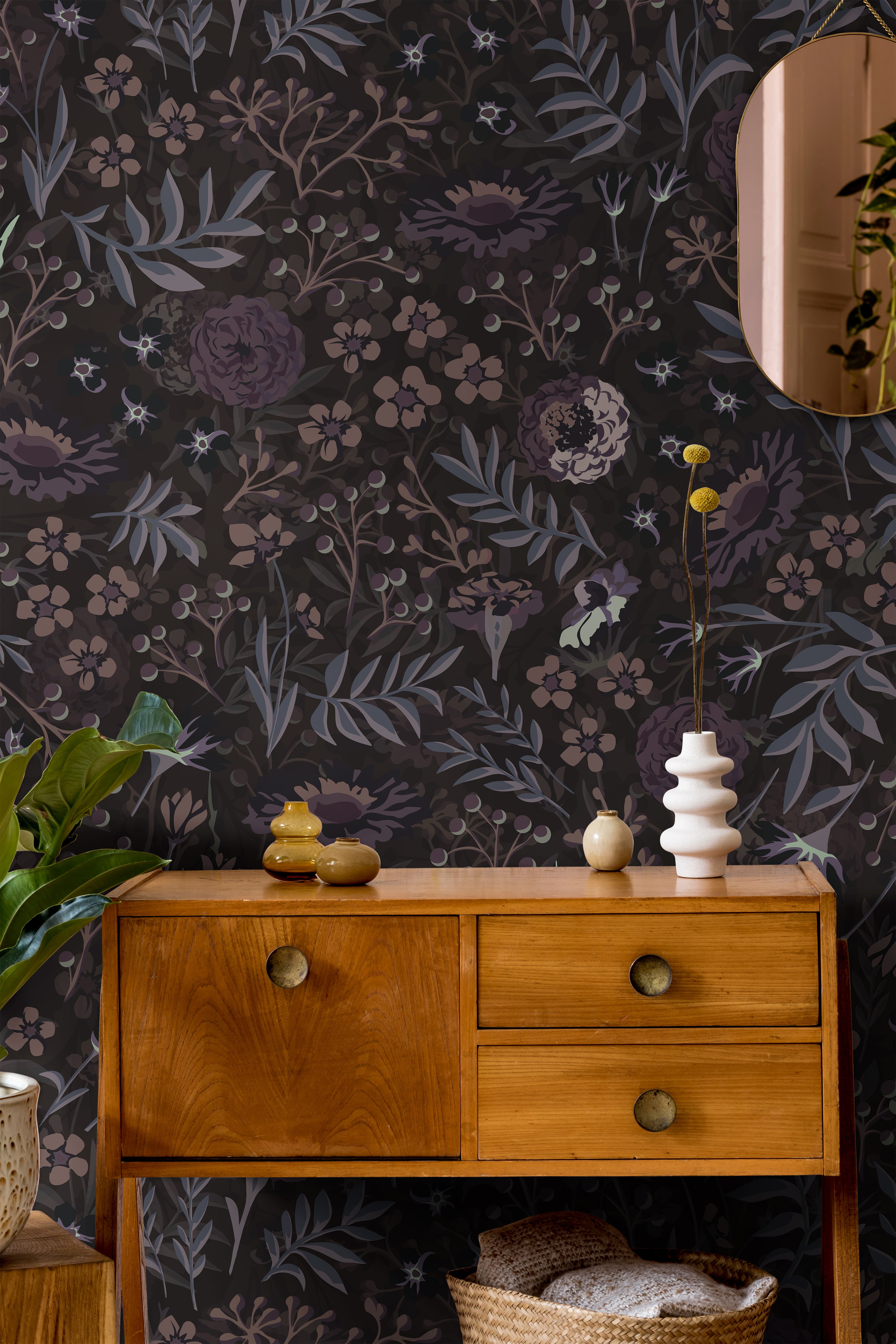 moody purple florals styled in interior office with warm toned credenza