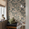Floral vines and bees on tan background in teens bedroom