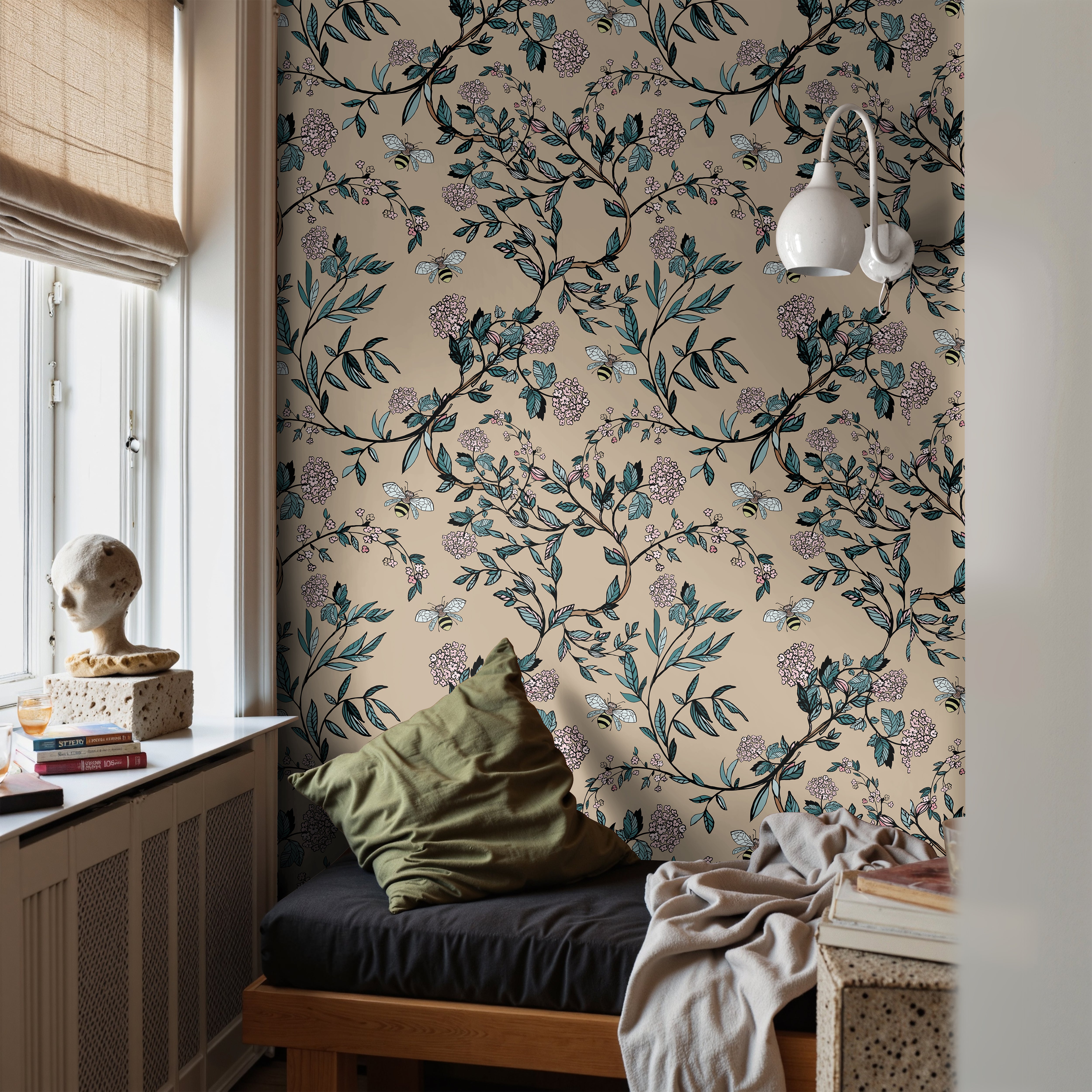 Floral vines and bees on tan background in teens bedroom