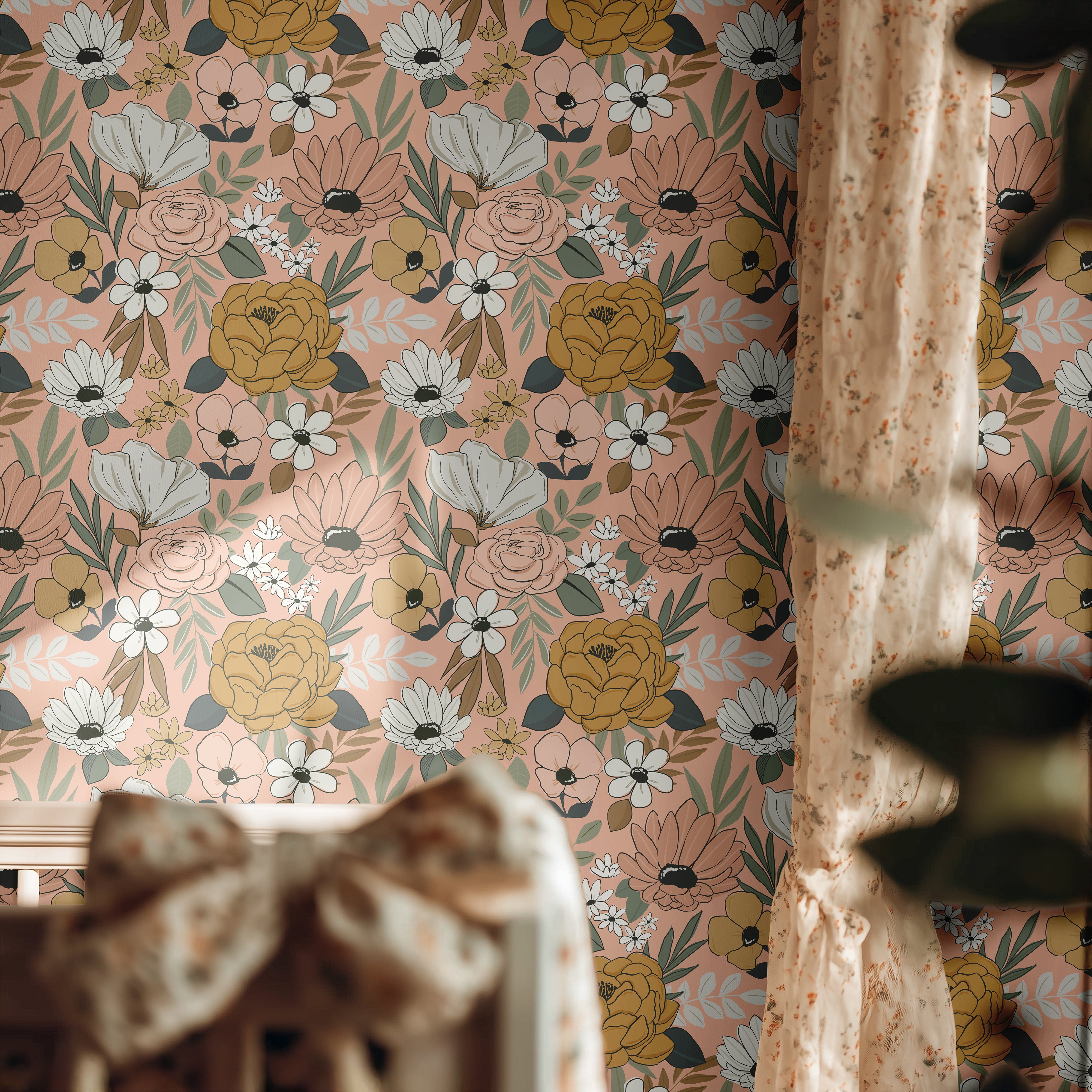 Vintage style muted florals on light pink background in little girls room