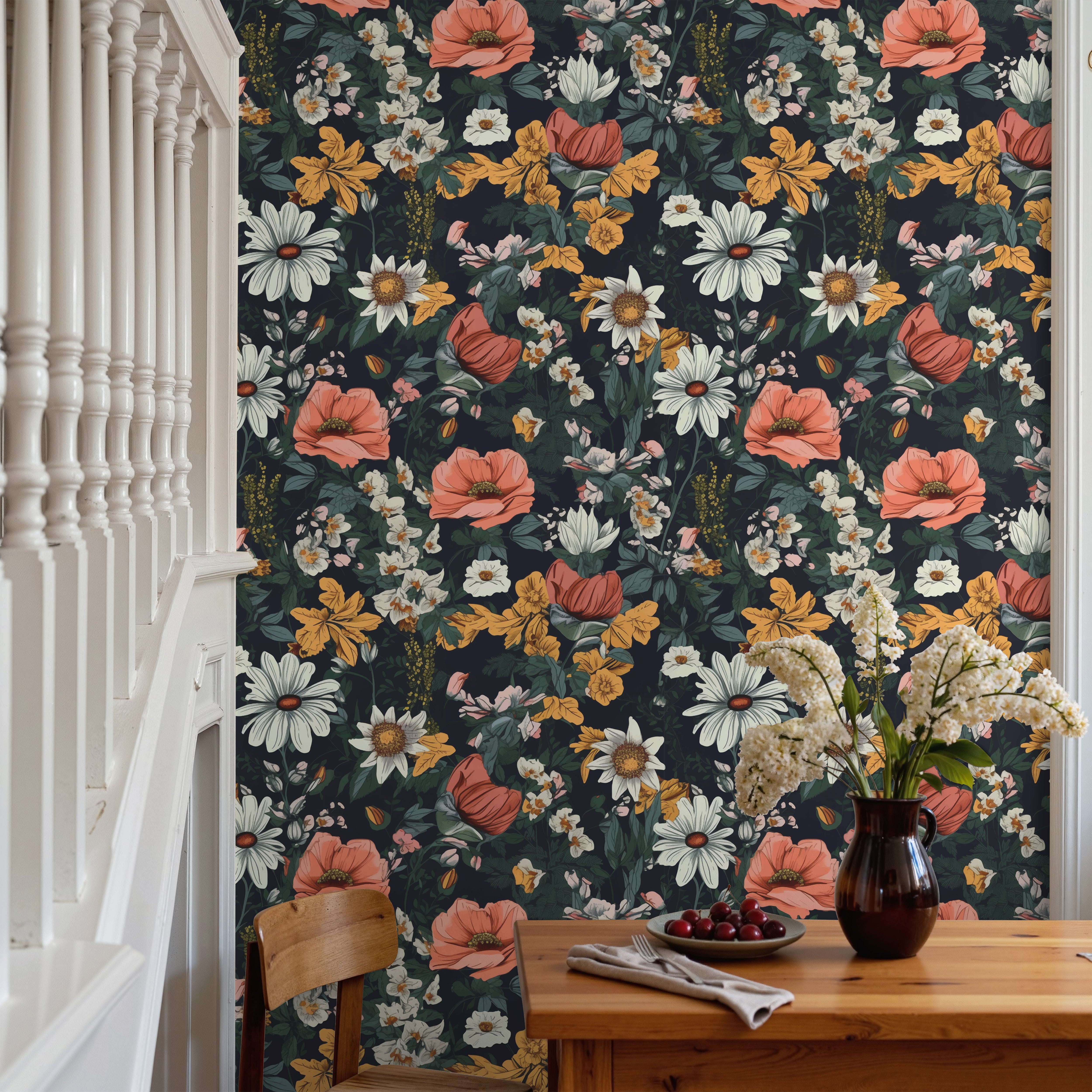 Bright yellow, red and white florals on dark green background