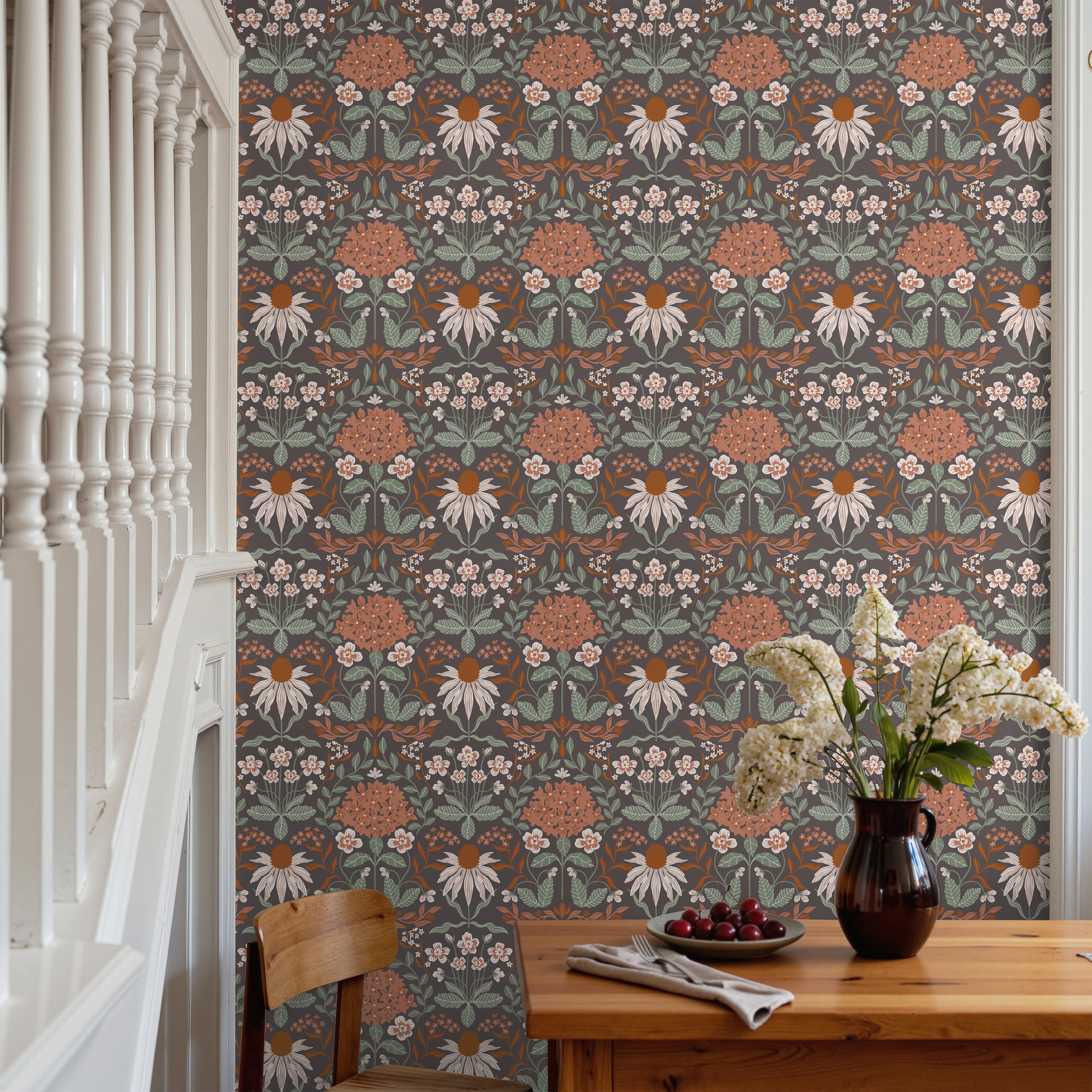 Earth tones floral art nouveau style in small dinning room
