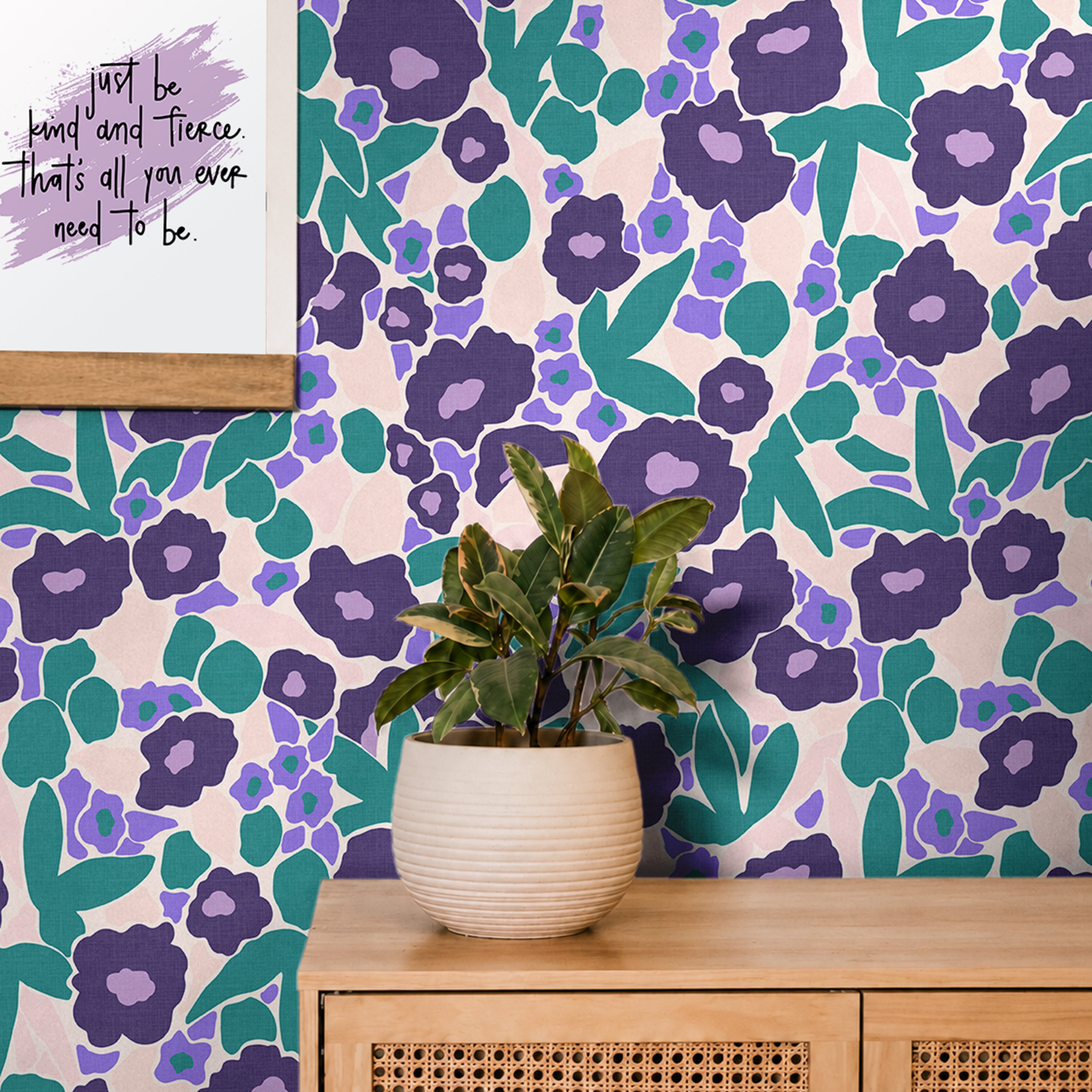  Deep violet, lilac, teal, and blush hues blend seamlessly to create a design that feels both modern and timeless