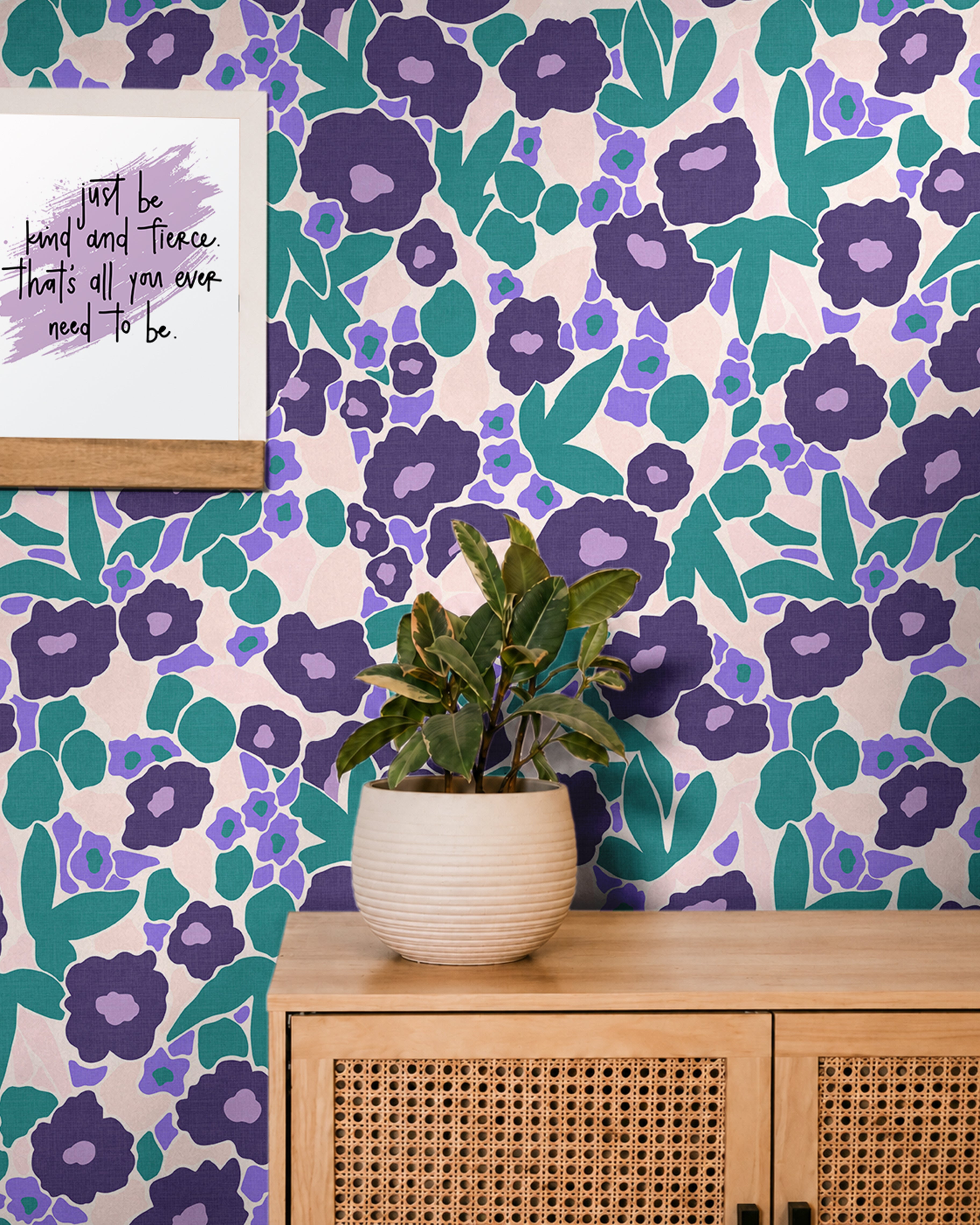  Deep violet, lilac, teal, and blush hues blend seamlessly to create a design that feels both modern and timeless