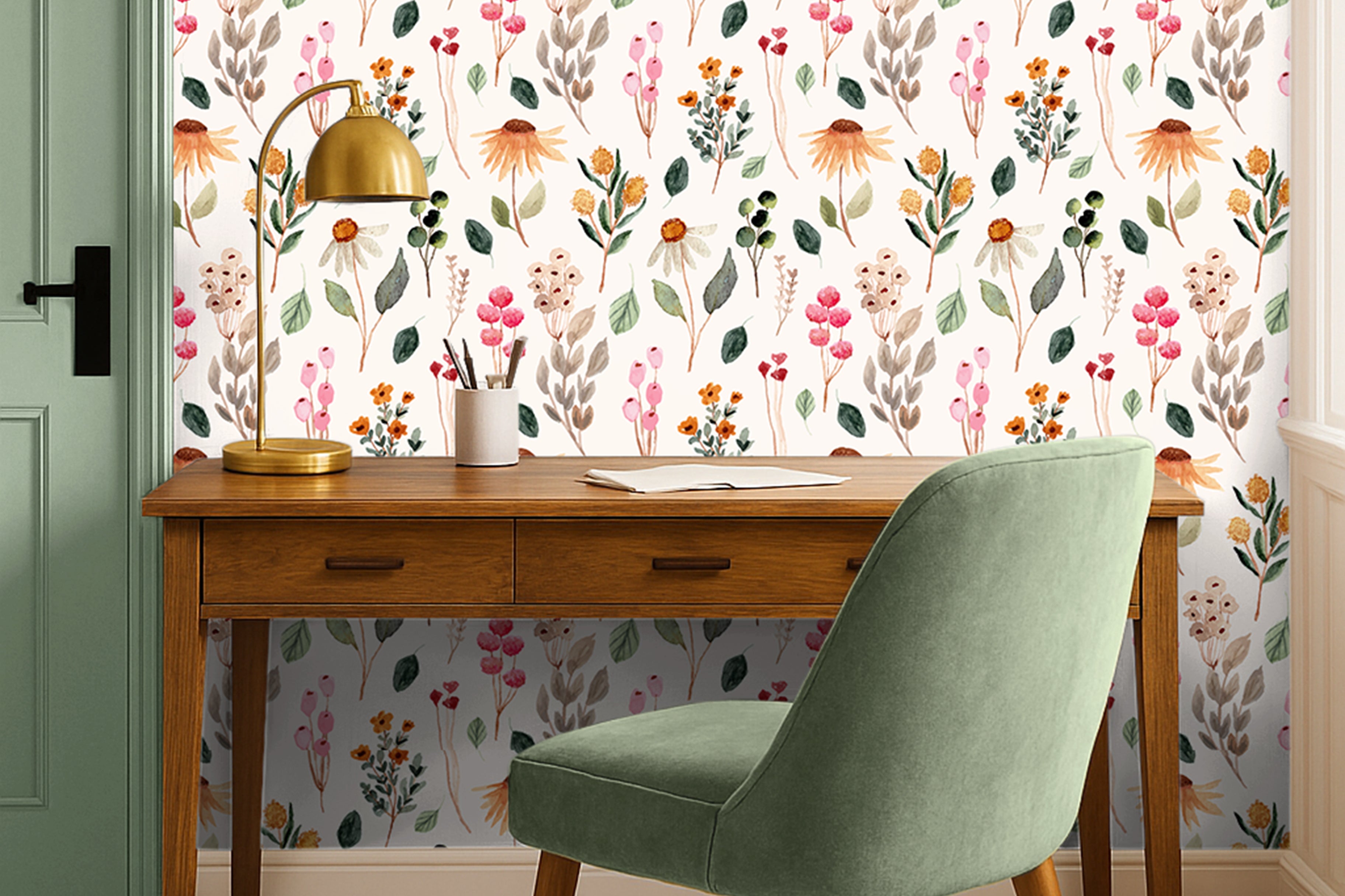 Colorful watercolor botanicals on a  white background styled in an office 