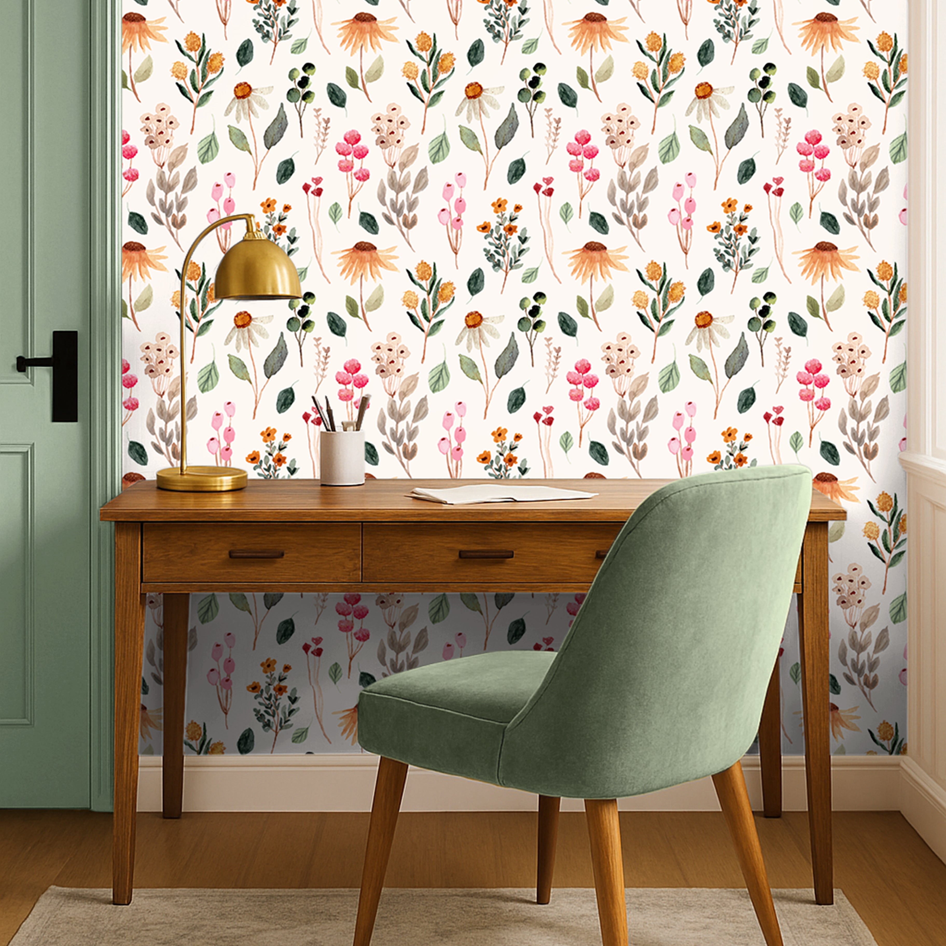 Colorful watercolor botanicals on a  white background styled in an office 