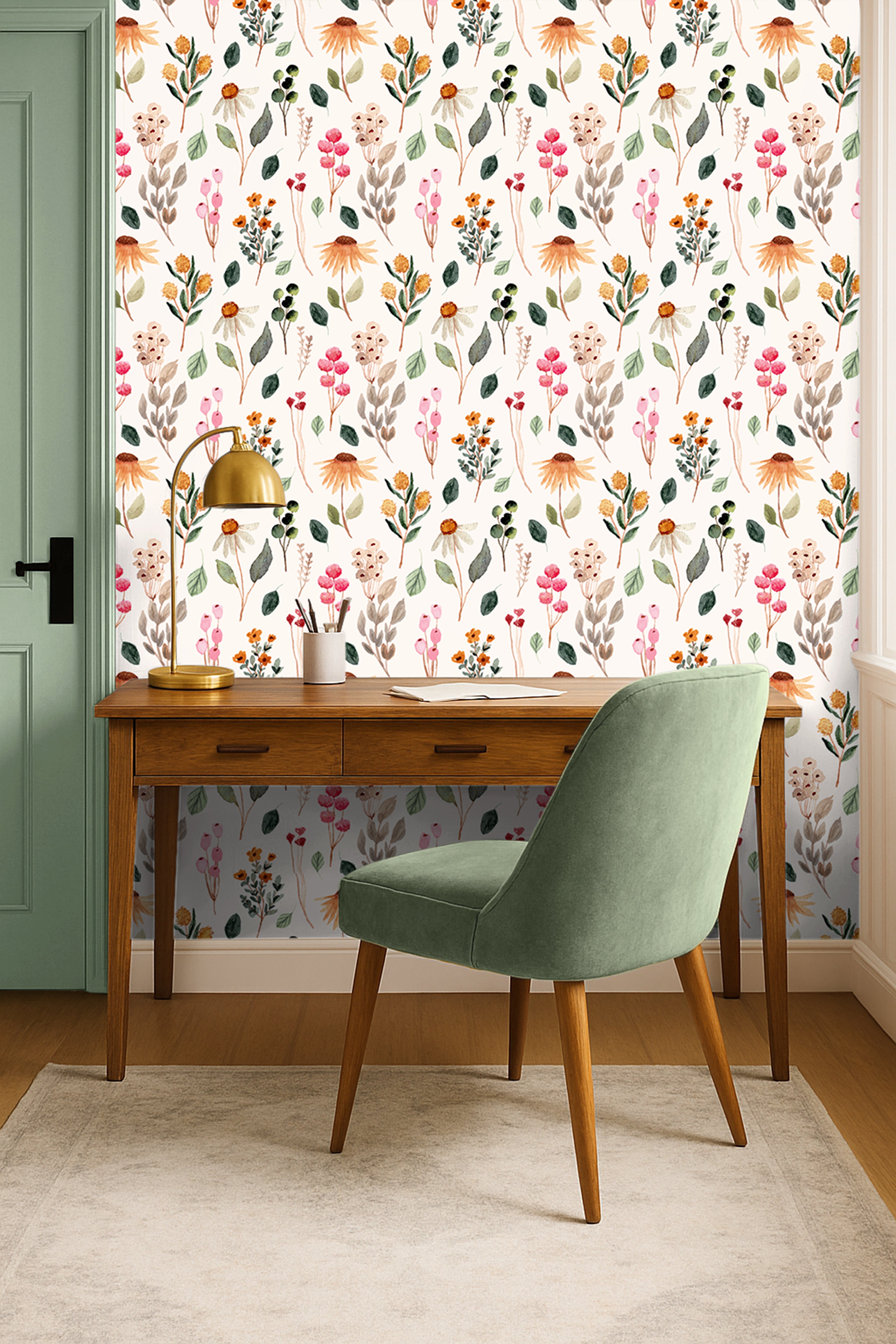 Colorful watercolor botanicals on a  white background styled in an office 