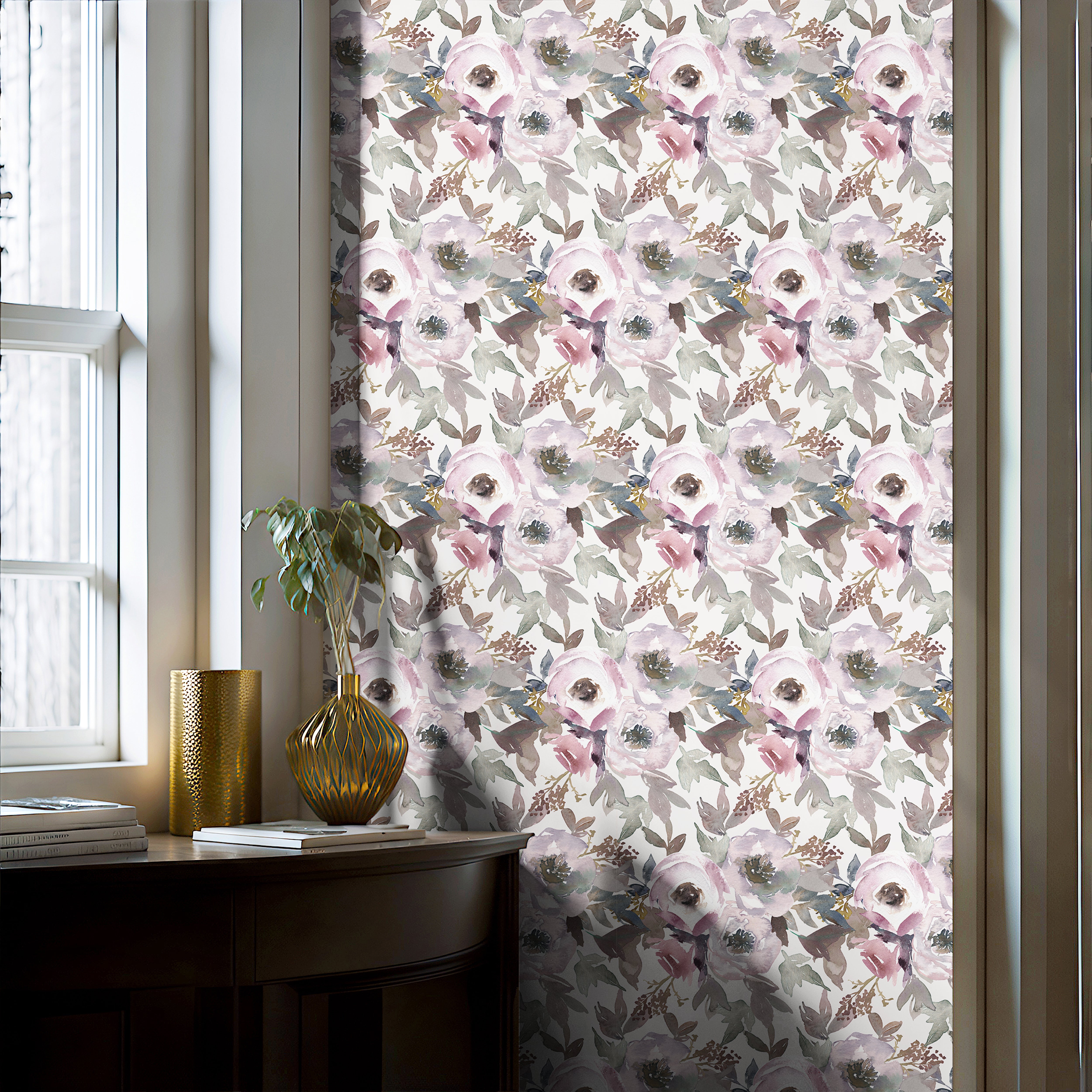 purple and green watercolor floral accent wall in brightly lit hallway