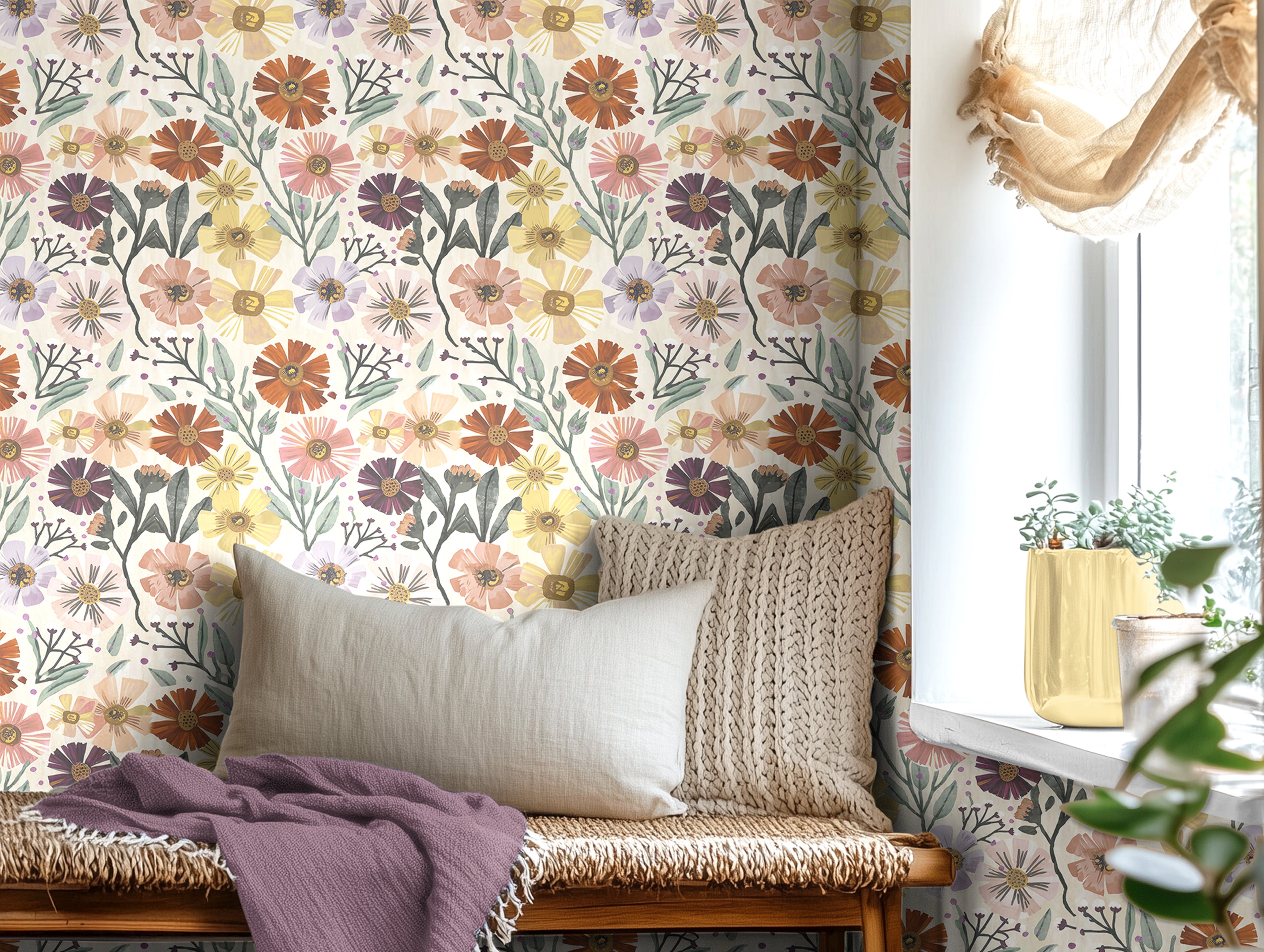 Colorful boho blooms in a whimsical pattern on a white background in a day bed living space