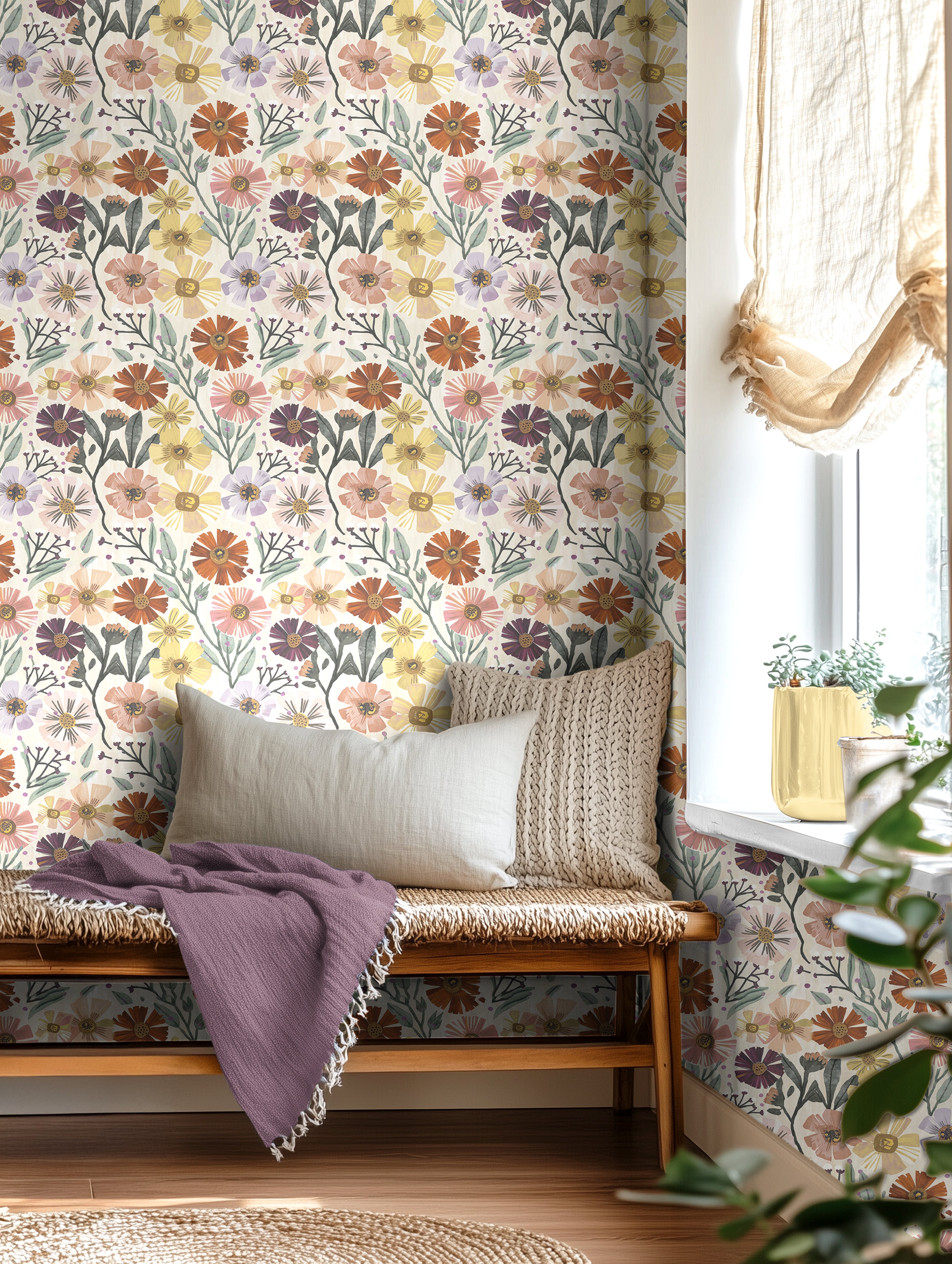 Colorful boho blooms in a whimsical pattern on a white background in a day bed living space